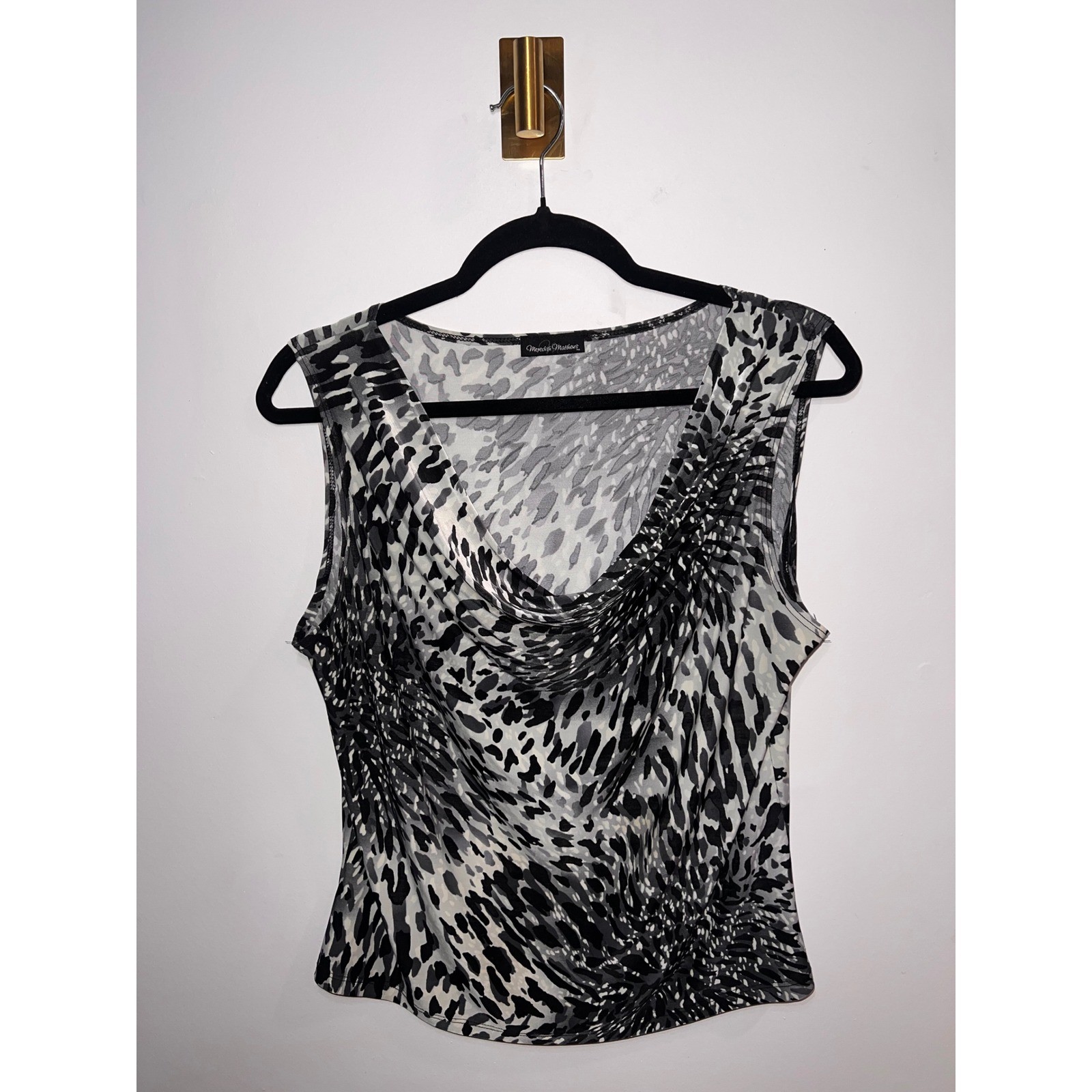 Cowl Neck Abstract Animal Print Sleeveless Top Grey Black PXL