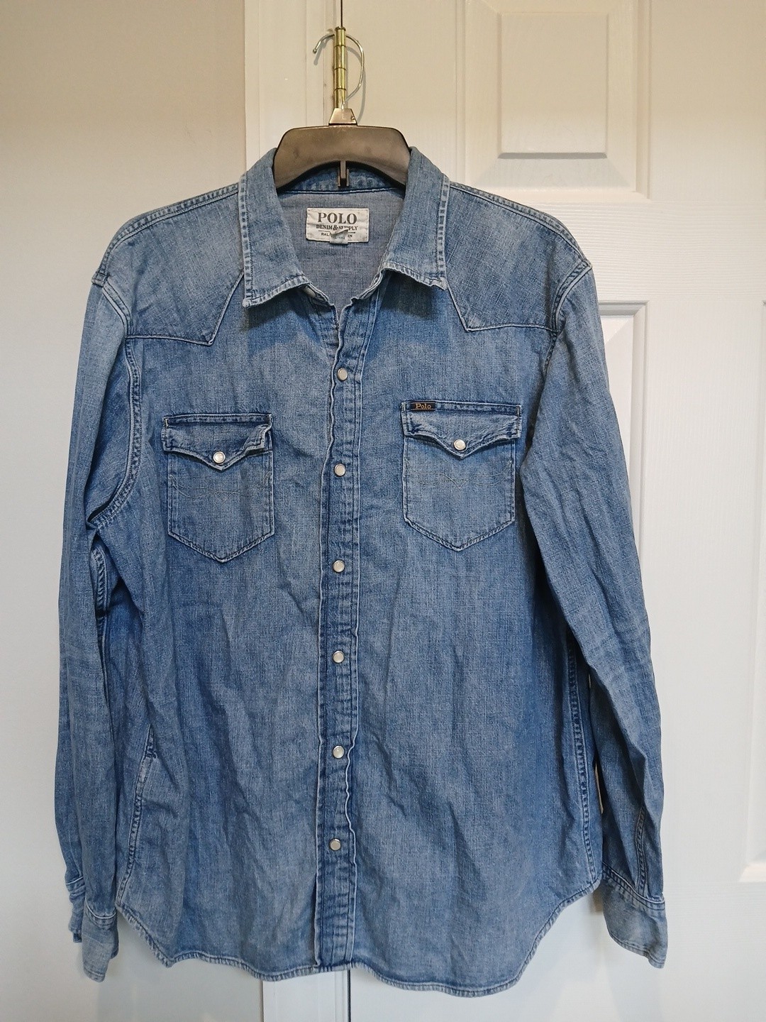 Ralph Lauren Polo Denim Embroidered Cowboy Western Aztec Jean Pearl Snap Shirt L