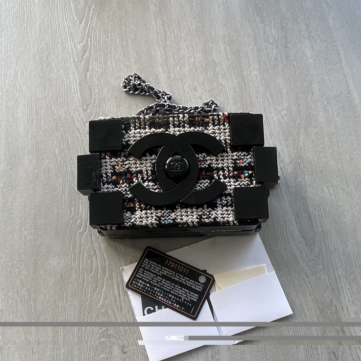 CHANEL Lego Tweed Box Flap Chain Shoulder Bag Turn Lock Black/White Multicolor