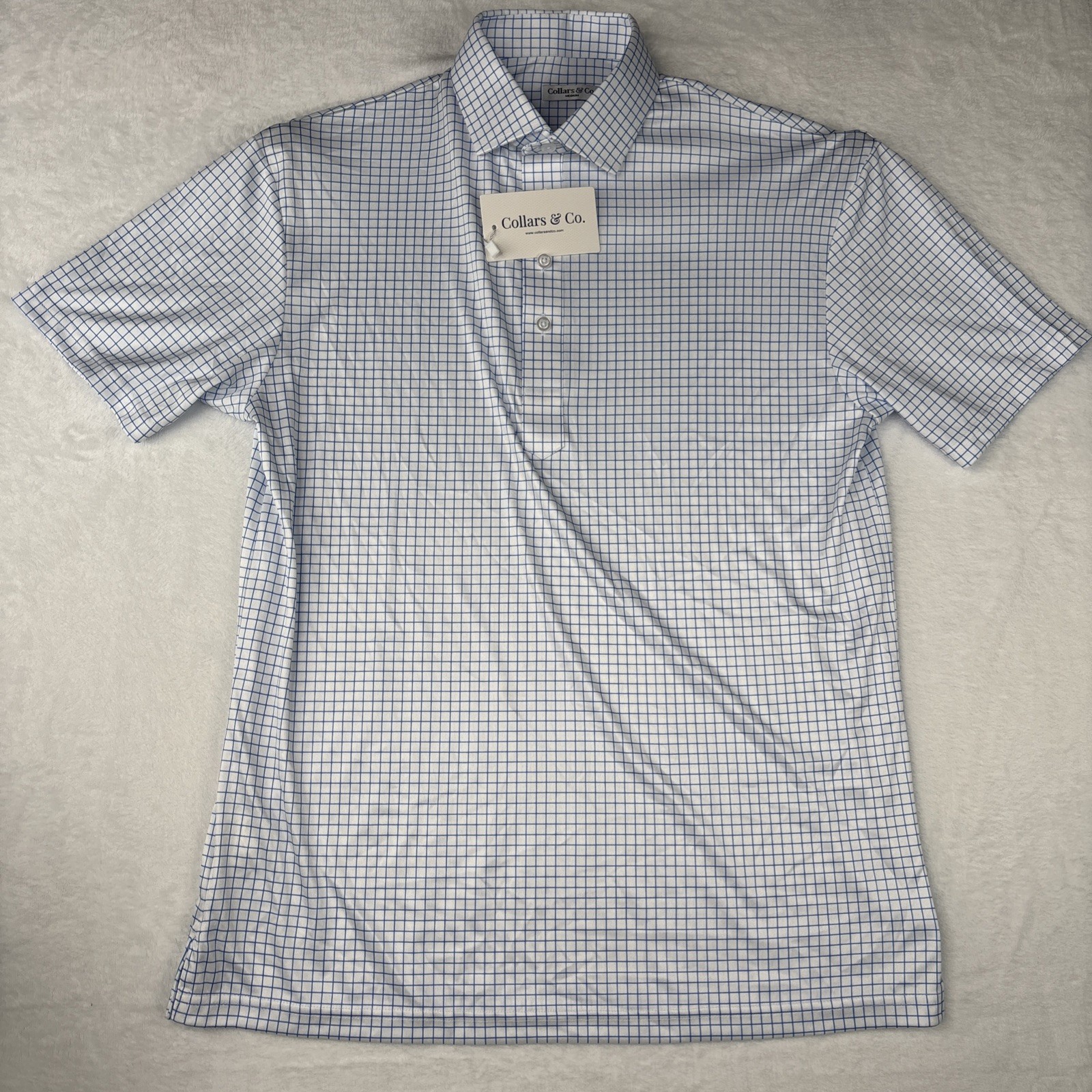 Collars and Co Polo Mens Medium – Thin Blue Check – Semi Spread Collar Brand New