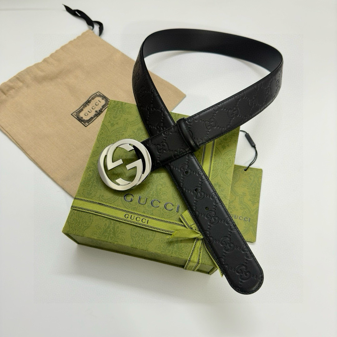 Gucci Interlocking G Buckle Embossed Leather Belt (Men’s, Silver Buckle,105cm)