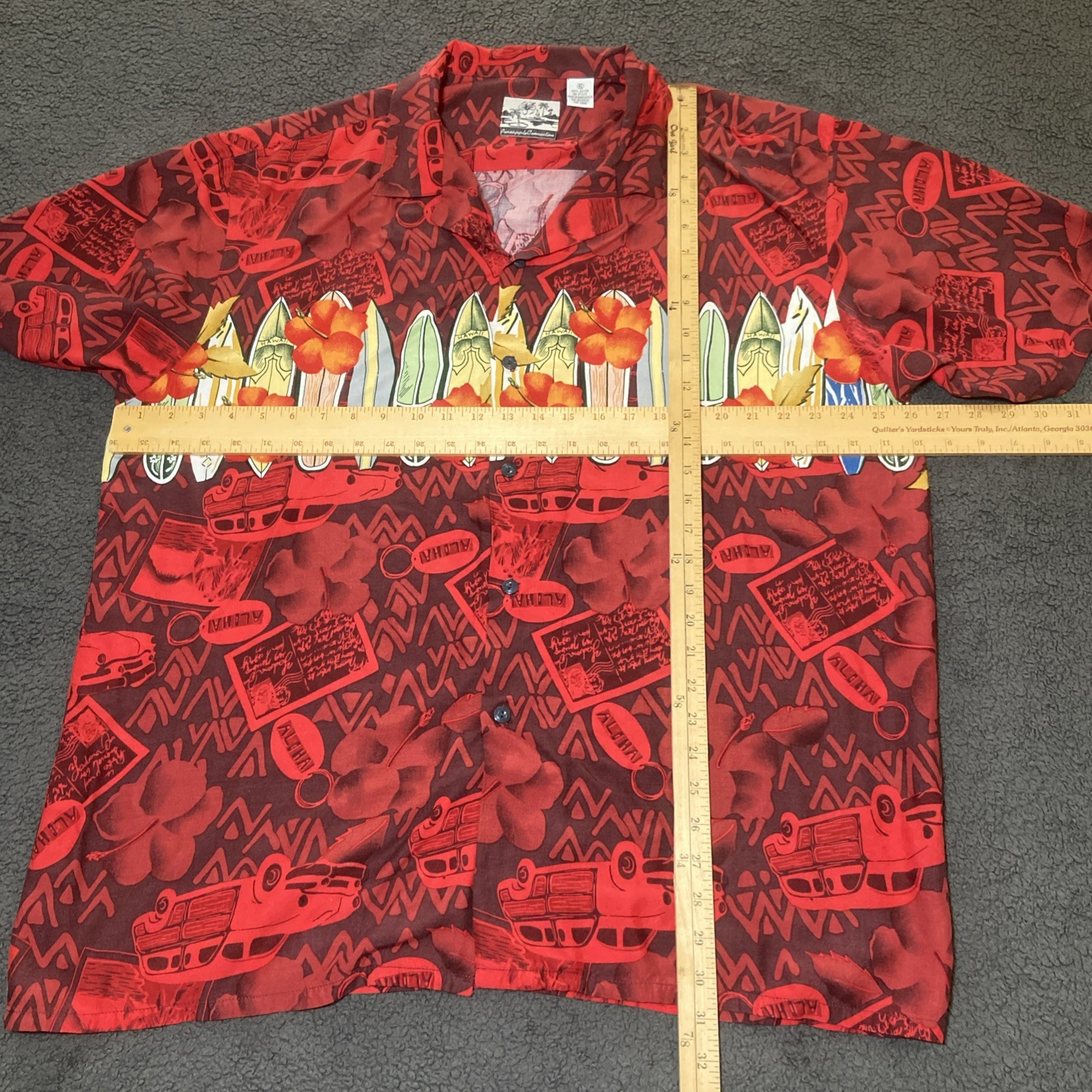 Vintage Pineapple Connection Hawaiian Shirt Men Size XL Rayon Surfing Boards Red