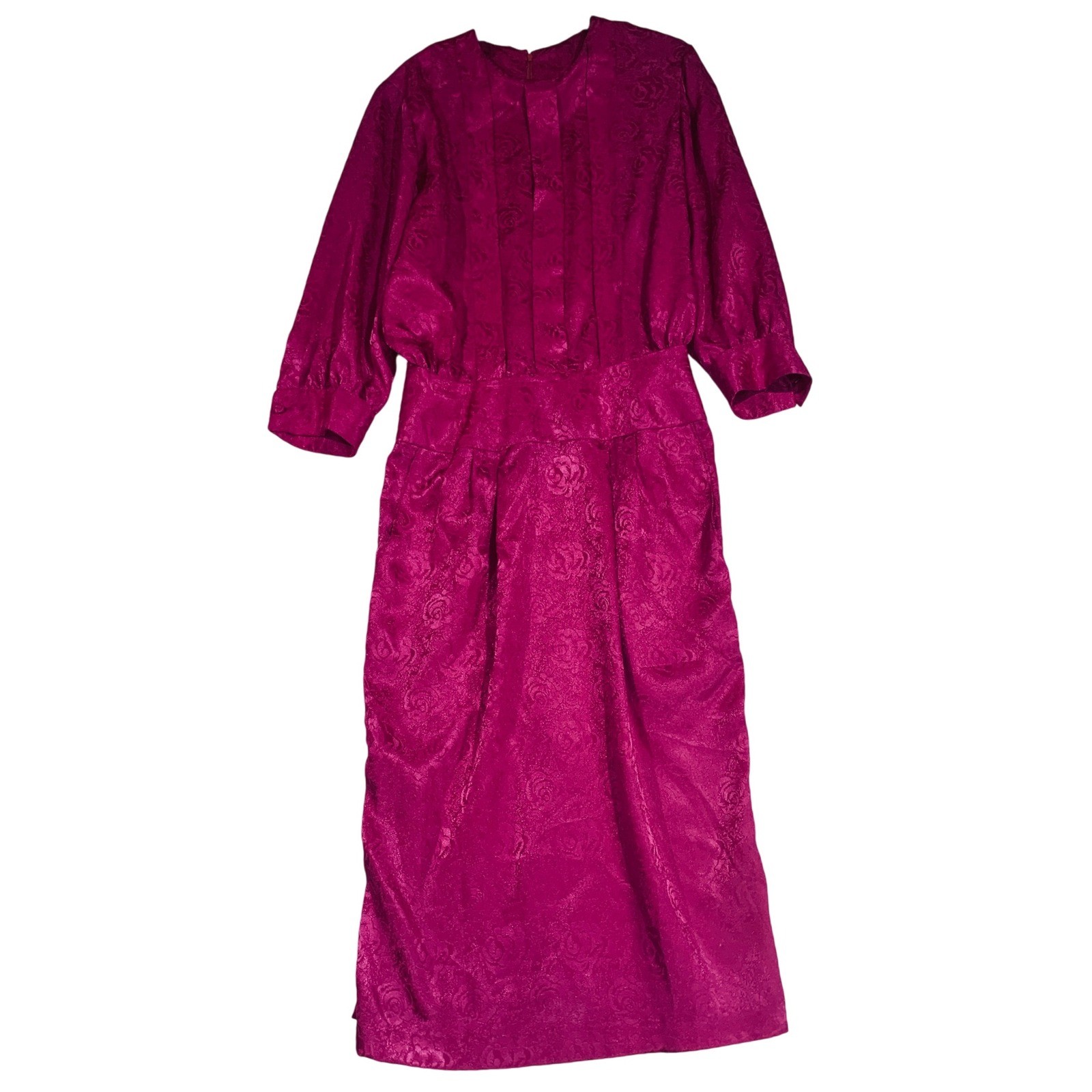 VTG 50s Rose Print Midi Dress Party Cocktail Formal Purple Fuschia Size Unknown