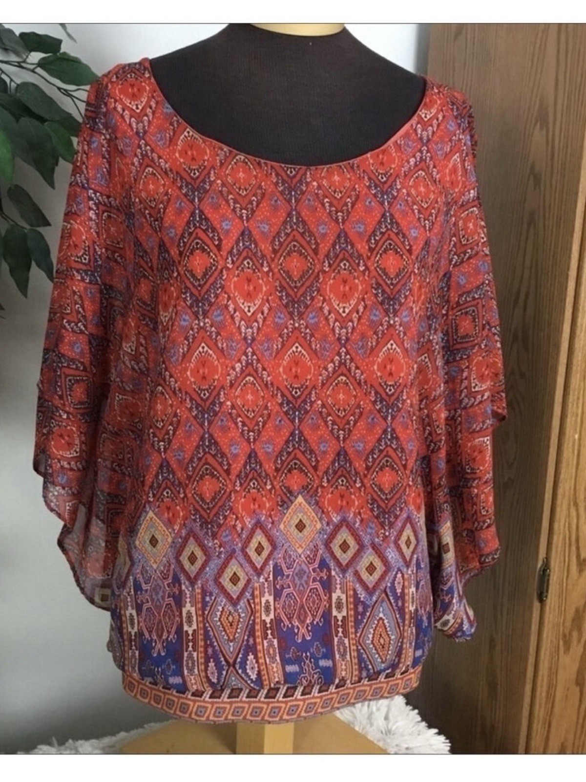 Roz & Ali Boho Tribal Batwing Lined Blouse Woman’s Size 1X