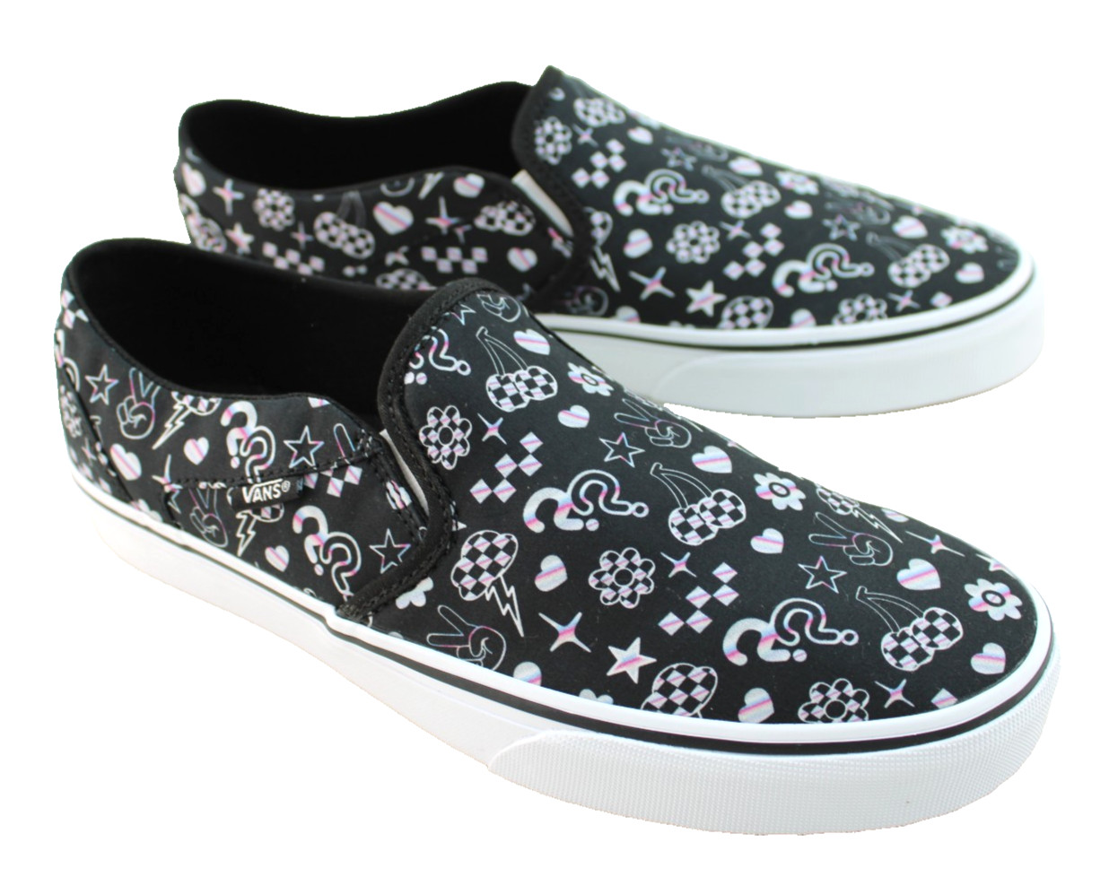 New VANS Asher Women 10.5 Black Doodle Design Slip-on Skate Sneakers MSRP $70