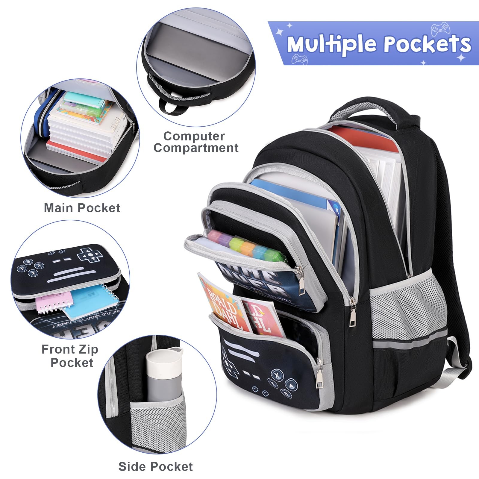 Gamer Backpack for Boys – Cool Luminous School Bag with Lunch Bag Pencil Case…