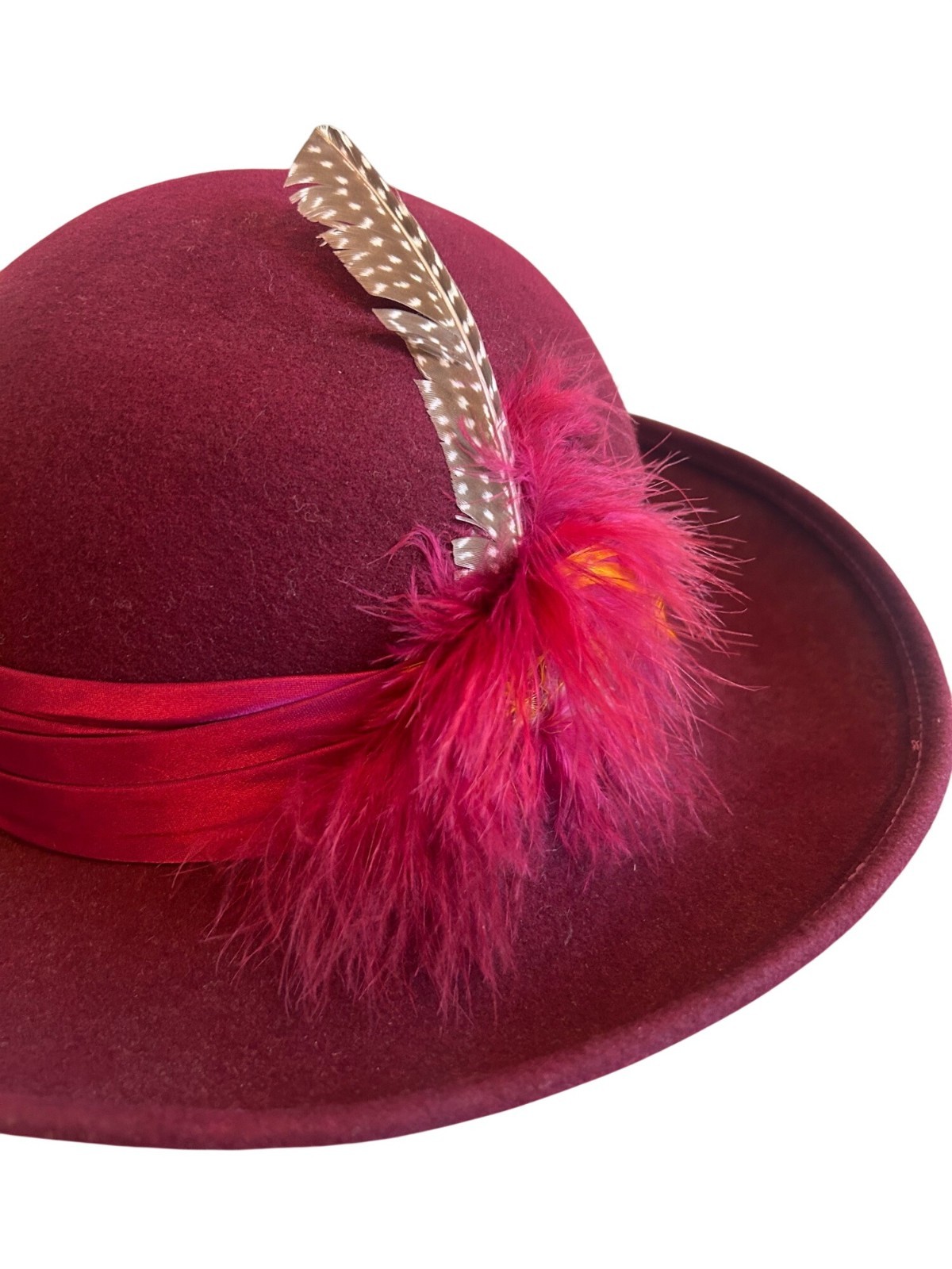 Vintage Geo W Bollman Burgundy Wool Hat With Satin Ribbon & Feather Accent