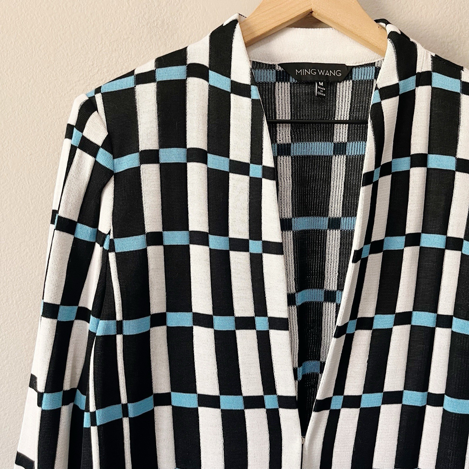 Ming Wang Checked 3/4 Sleeve Cardigan Jacket Black White Blue Size Medium