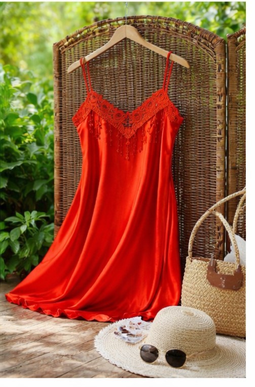 Sexy Red Satin Nightgown Lace V-Neck Chemise Sleepwear Lingerie Dress SIZE S