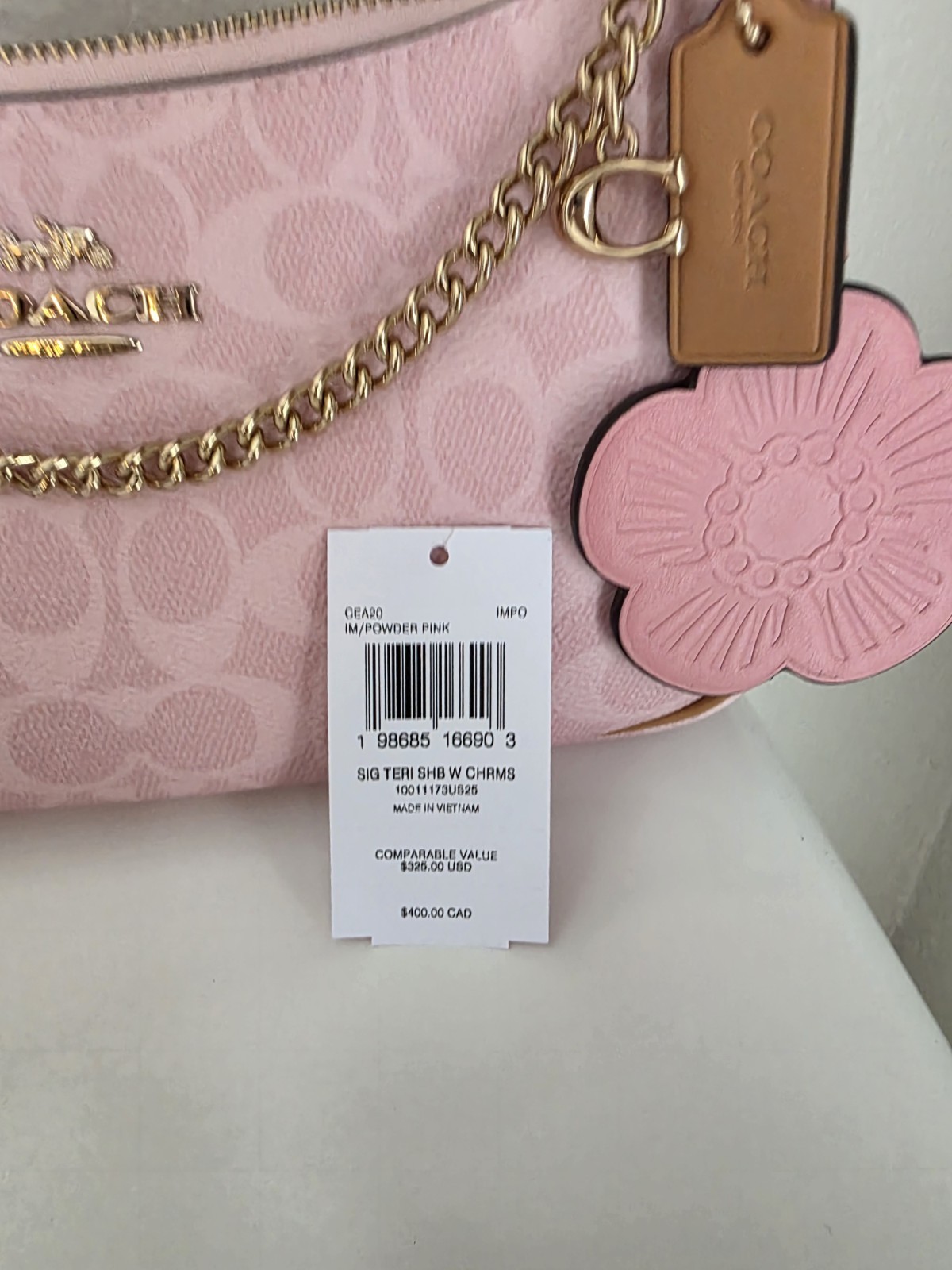 NWT Coach Gold Powder Pink Teri Shoulder Bag Signature with Charms CEA20