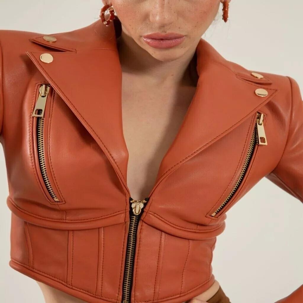 100% Genuine Brown Color Leather Cropped Jacket For Women All Sizes Available