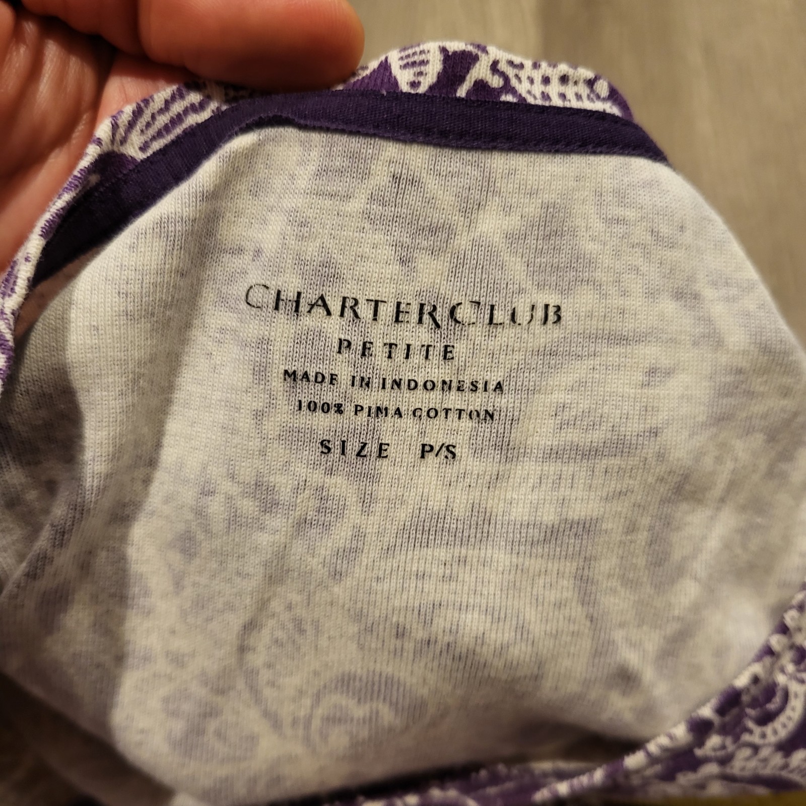 Charter Club 100% Pima Cotton Long Sleeve Purple/White Design Top Sz Petite/S