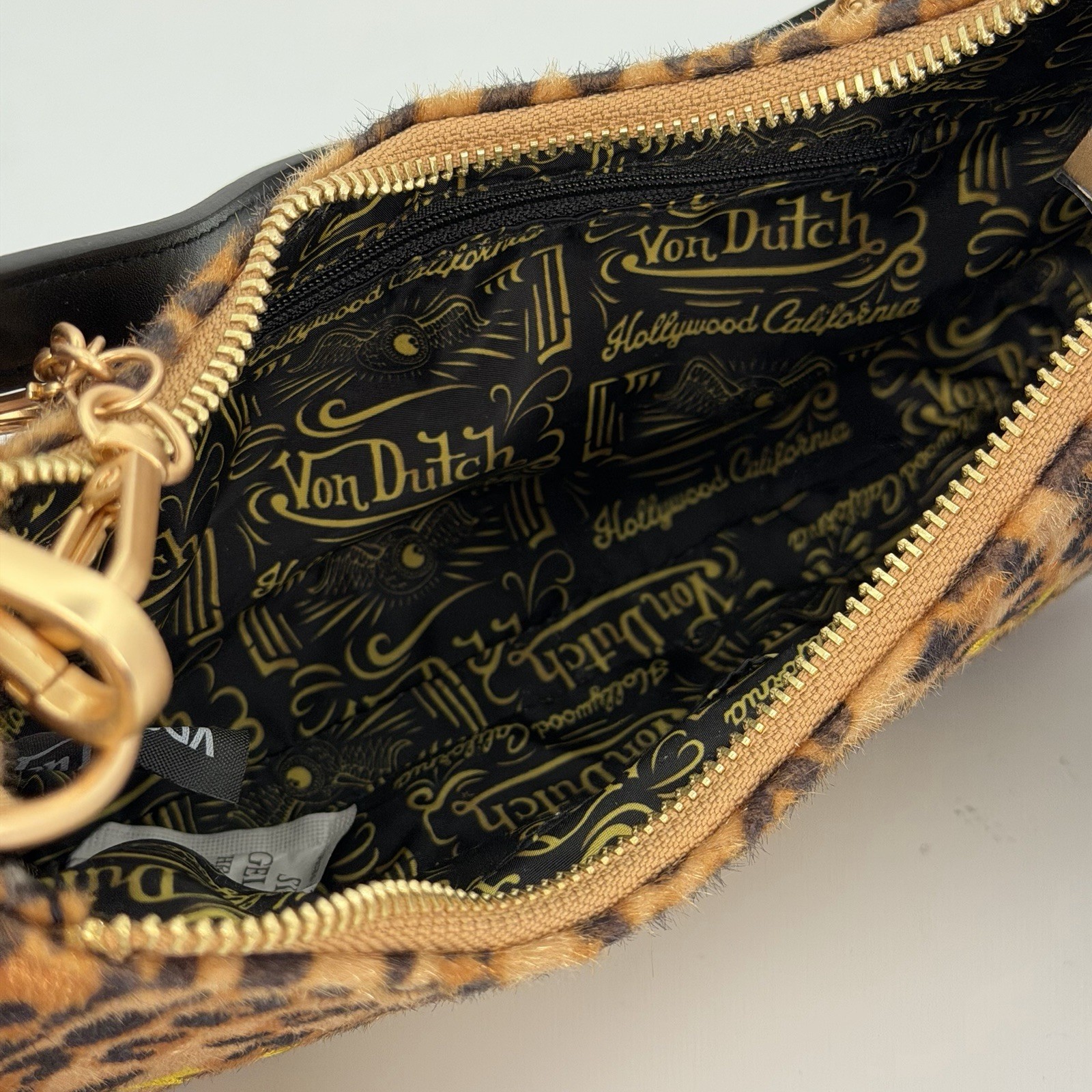 Von Dutch Crescent Shoulder Bag Leopard Print Brown & Black Gold Zip With Charm