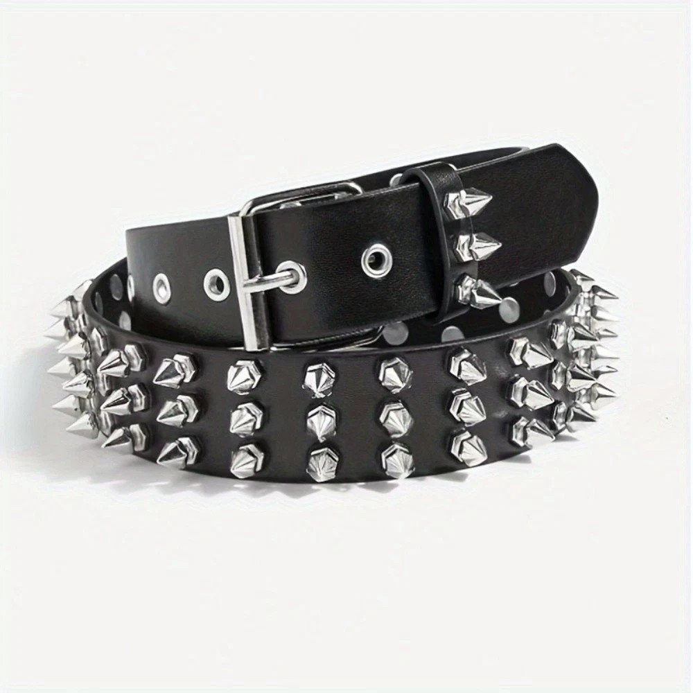 Unisex Black Spiked Studded Leather Belt Adjust Punk Rock Wide Jeans Waist Belt