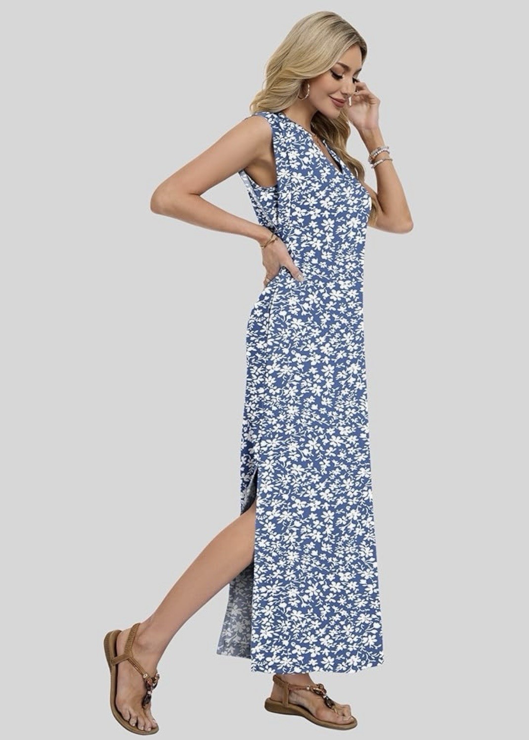 Women’s Blue/White Floral V-Neck Sleeveless Long Maxi Dress Side Slit