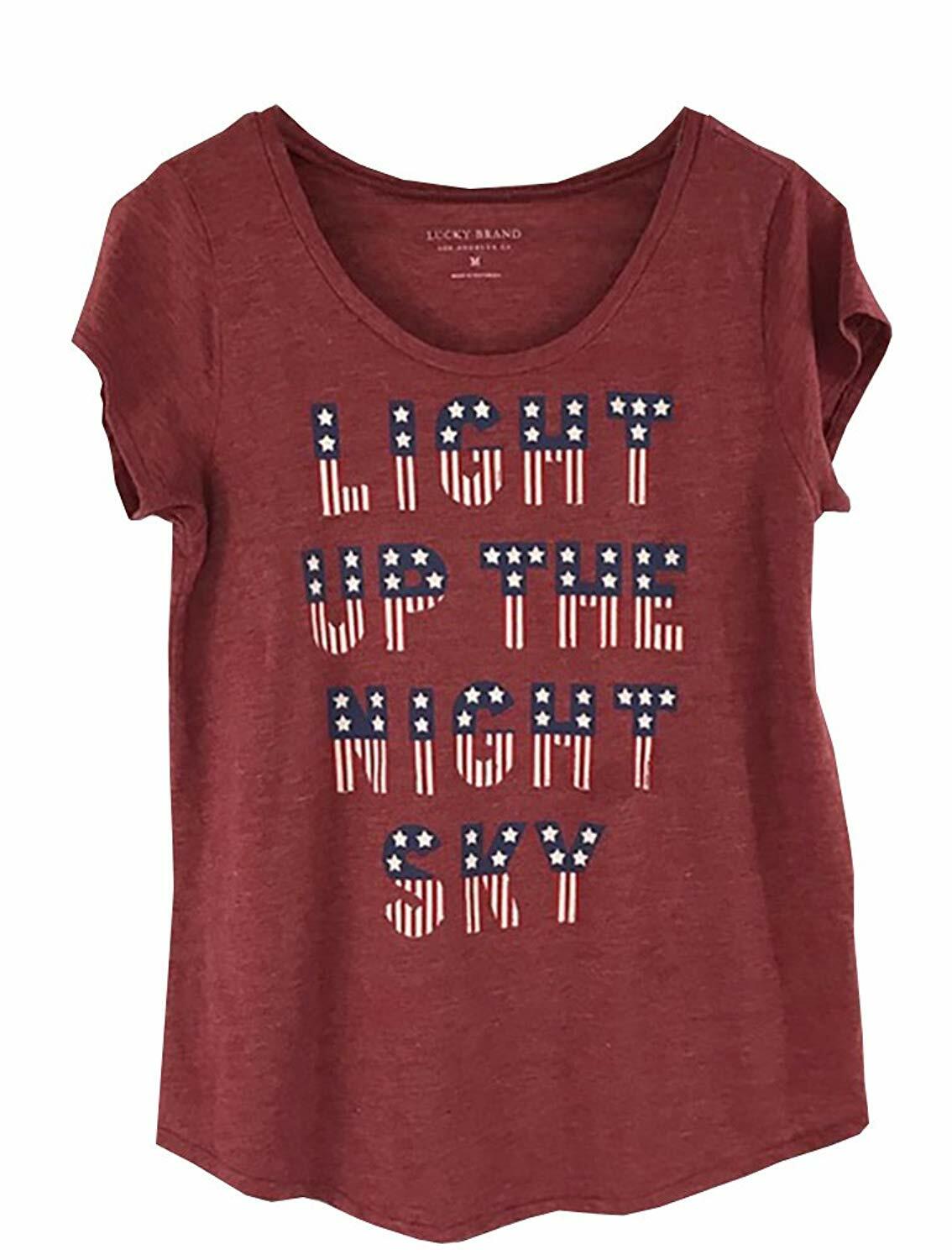 Lucky Brand Women’s Graphic Tee LIGHT UP THE NIGHT SKY American Flag Red Medium