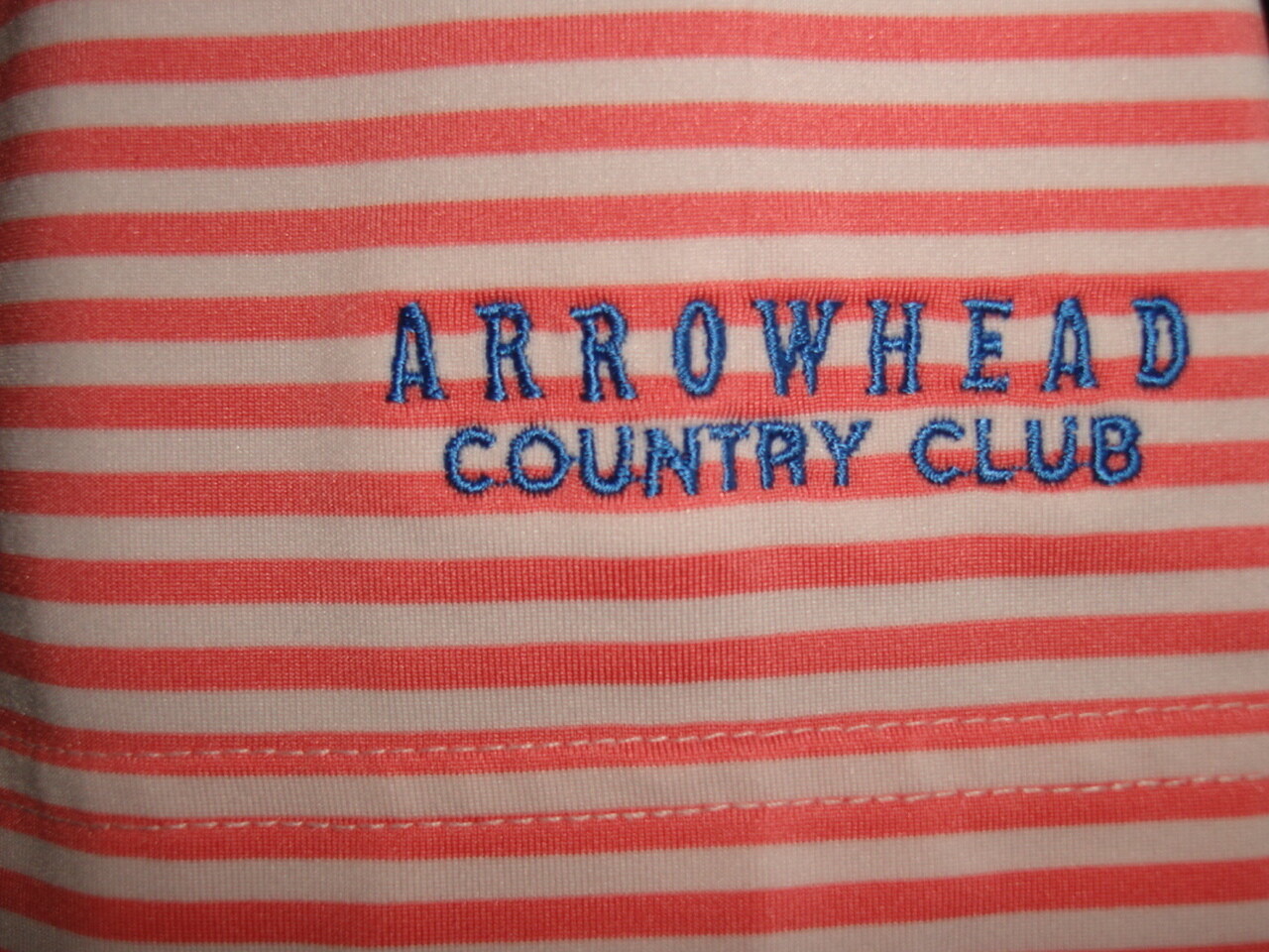 Bald Head Pink Striped Poly/Spandex Blend S/S Polo Shirt Sz M “ArrowHead Ranch”