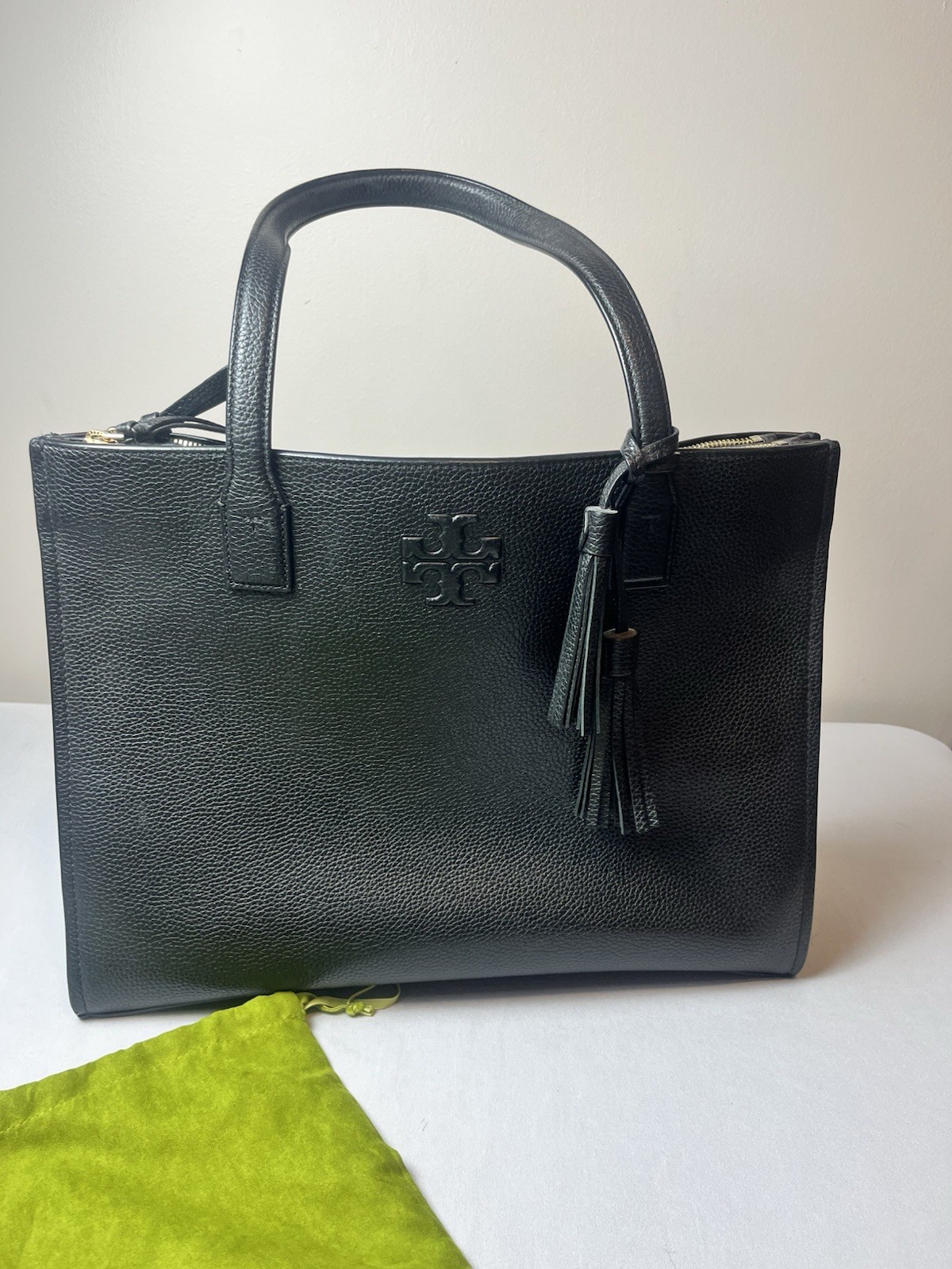 Tory Burch Black Satchel Zip Closure Tassel Logo Gold Hardware Detachable Strap