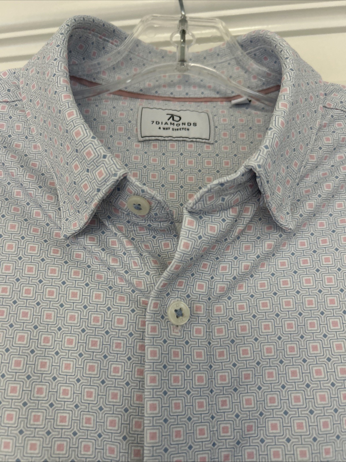 7D ~7 Diamonds Men’s 4 Way Stretch Button Down Short Sleeve Shirt ~Blue/Pink~ M