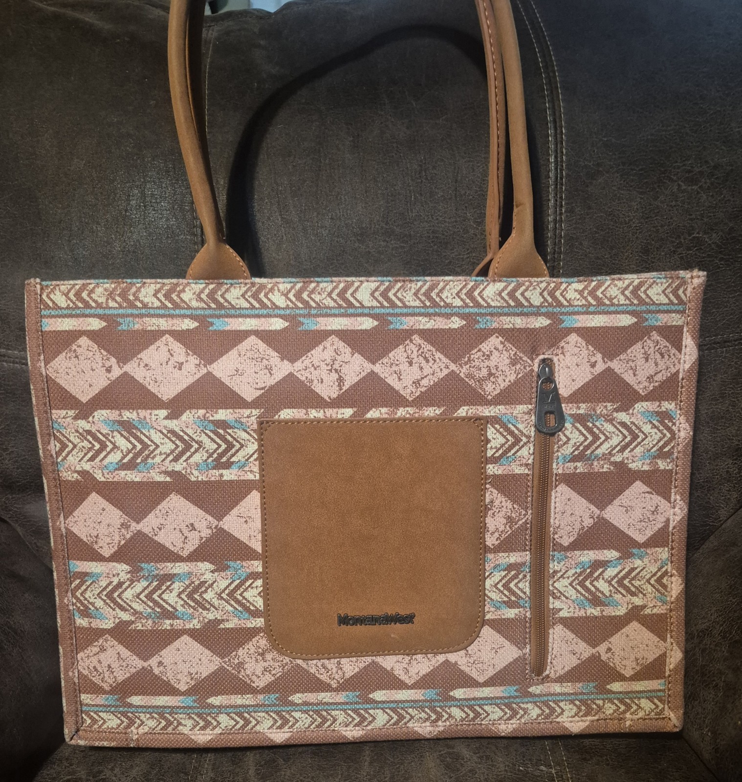 Montana West Geometric Tote Brown Beige Turquoise Zip Inner Pockets Dividers