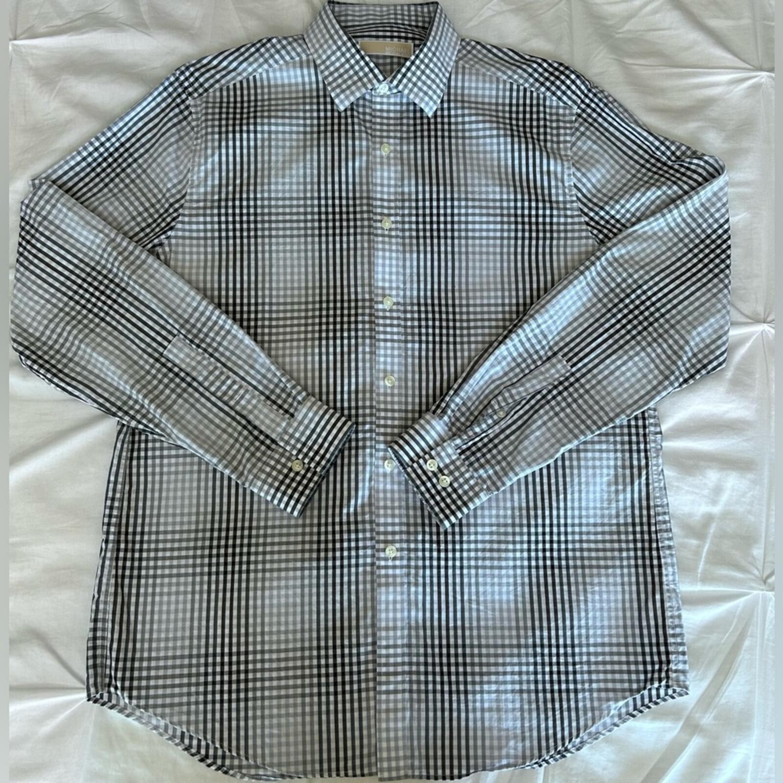 Michae Kors Men’s Slim Fit Button Up Plaid Dress Shirt in Granite 16.5 34/35