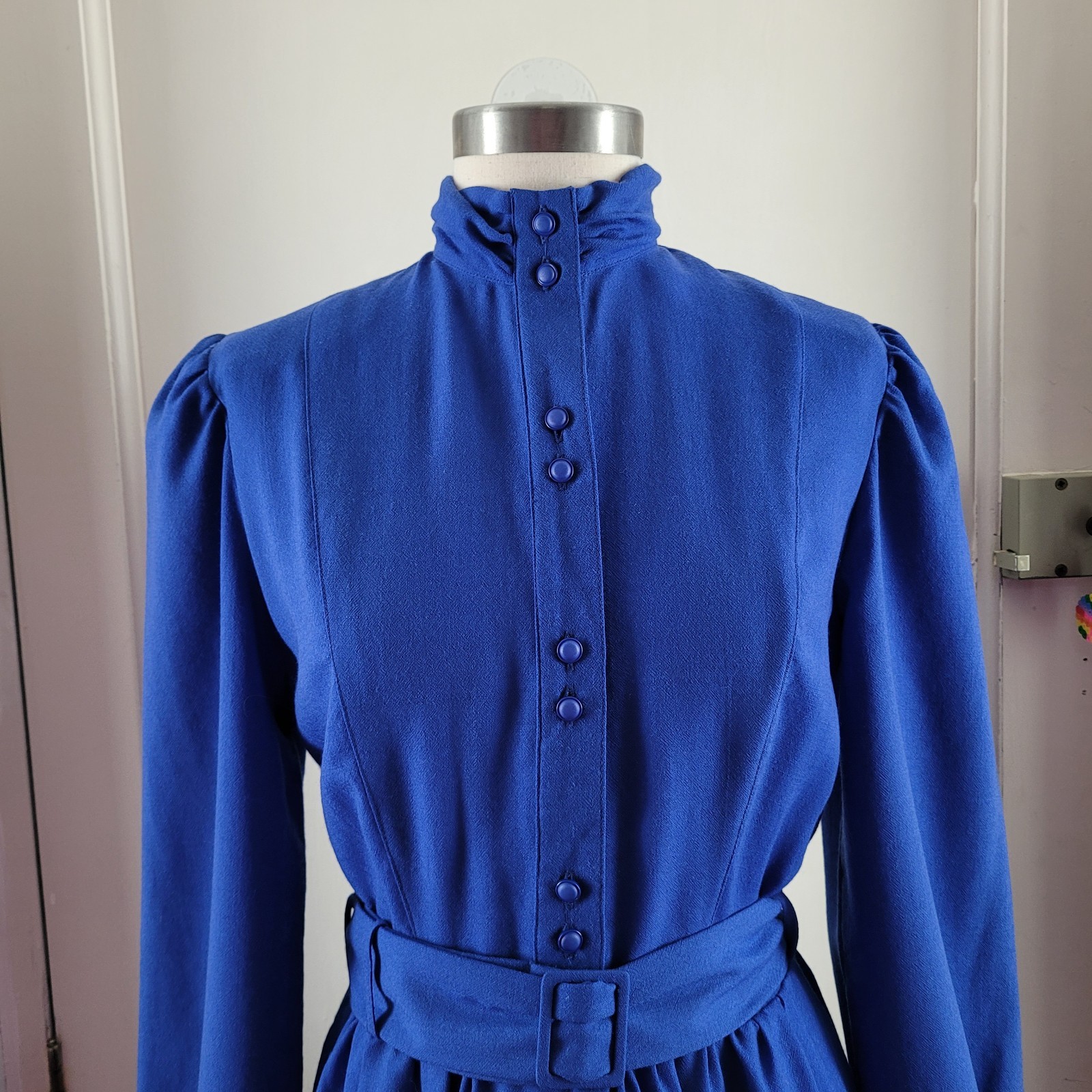 Marion Donaldson Vintage Deep Blue Wool Midi Dress Belted Pockets 10 12 Uk