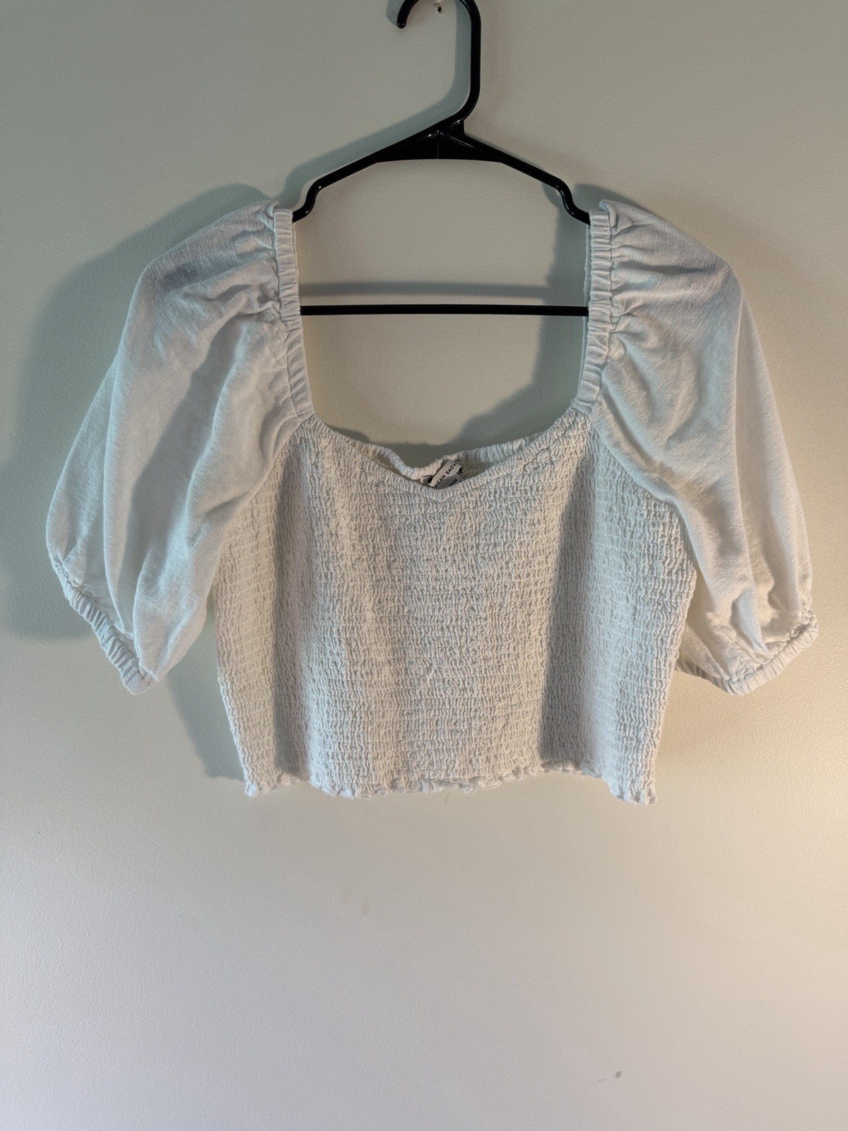 American Eagle Smocked Crop Top Womens M White Puff Sleeve Cotton Linen