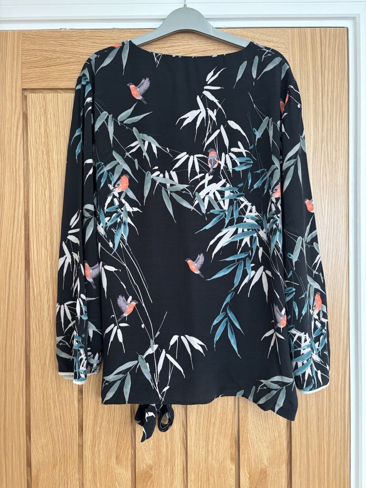 Phase Eight Top Womens UK 14 Black Floral Bird Wrap Blouse Tie Waist Lightweight