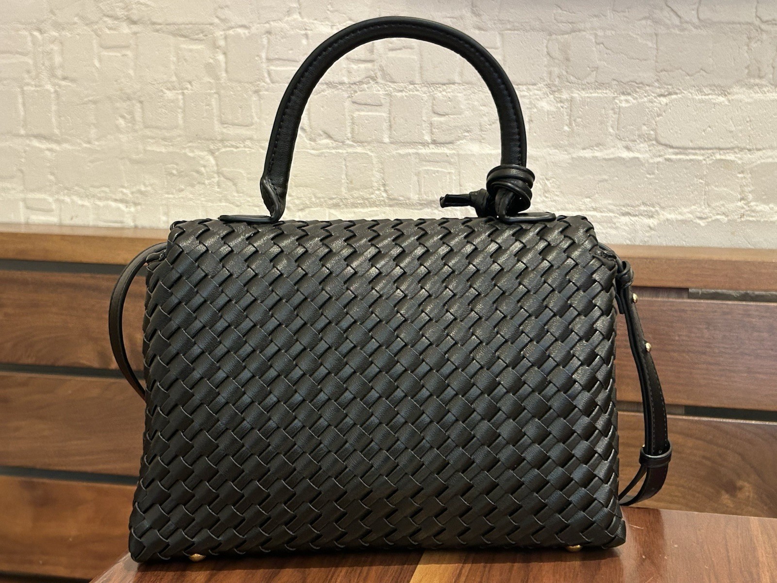 Women’s Black Woven Satchel Top Handle Turn Lock, Detachable Strap Gold Hardware
