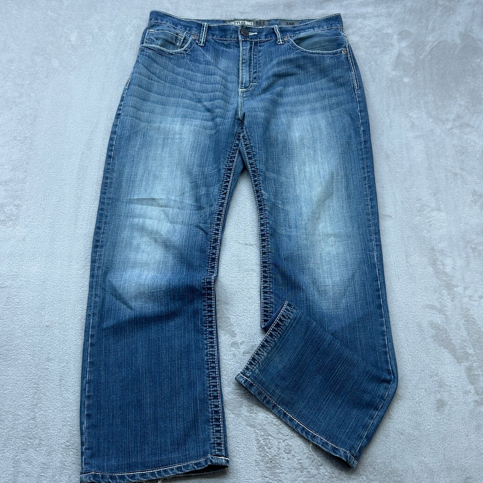 BKE Tyler Straight Jeans Mens 34×29 Blue Medium Wash Heavy Stitch Preppy Cowboy