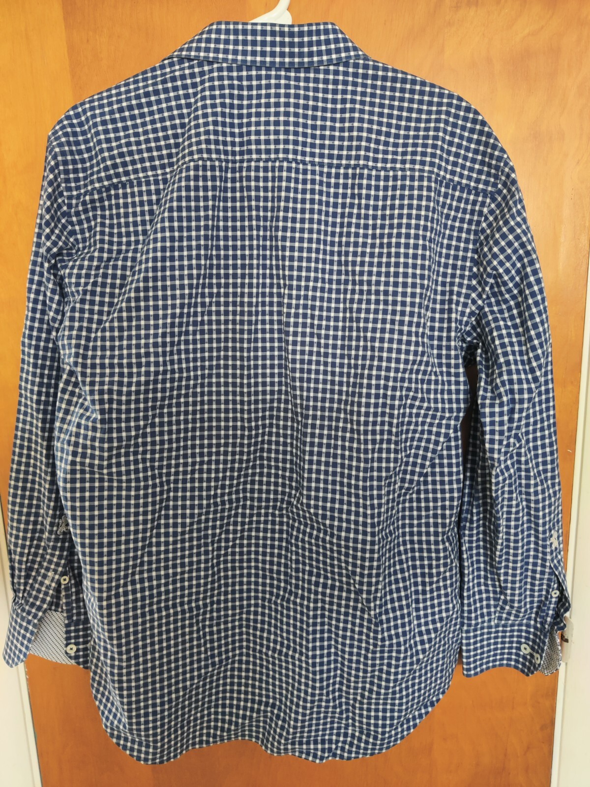 Bugatchi Uomo Barrel Cuff Dress Shirt Mens Sz 17-34/35 Navy And White Plaid Nice
