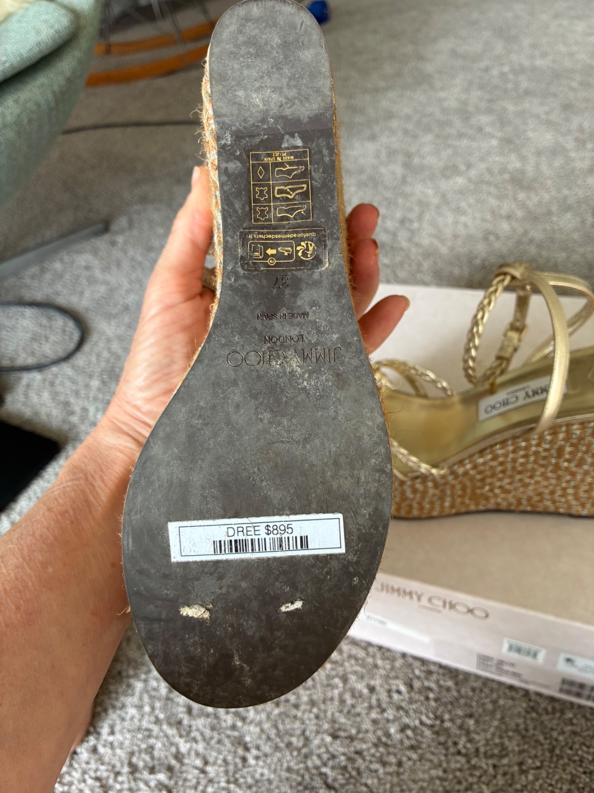 Jimmy Choo Dree 100MM Espadrilles Women US7 EU37 Metallic Soft Gold Wedge Sandal