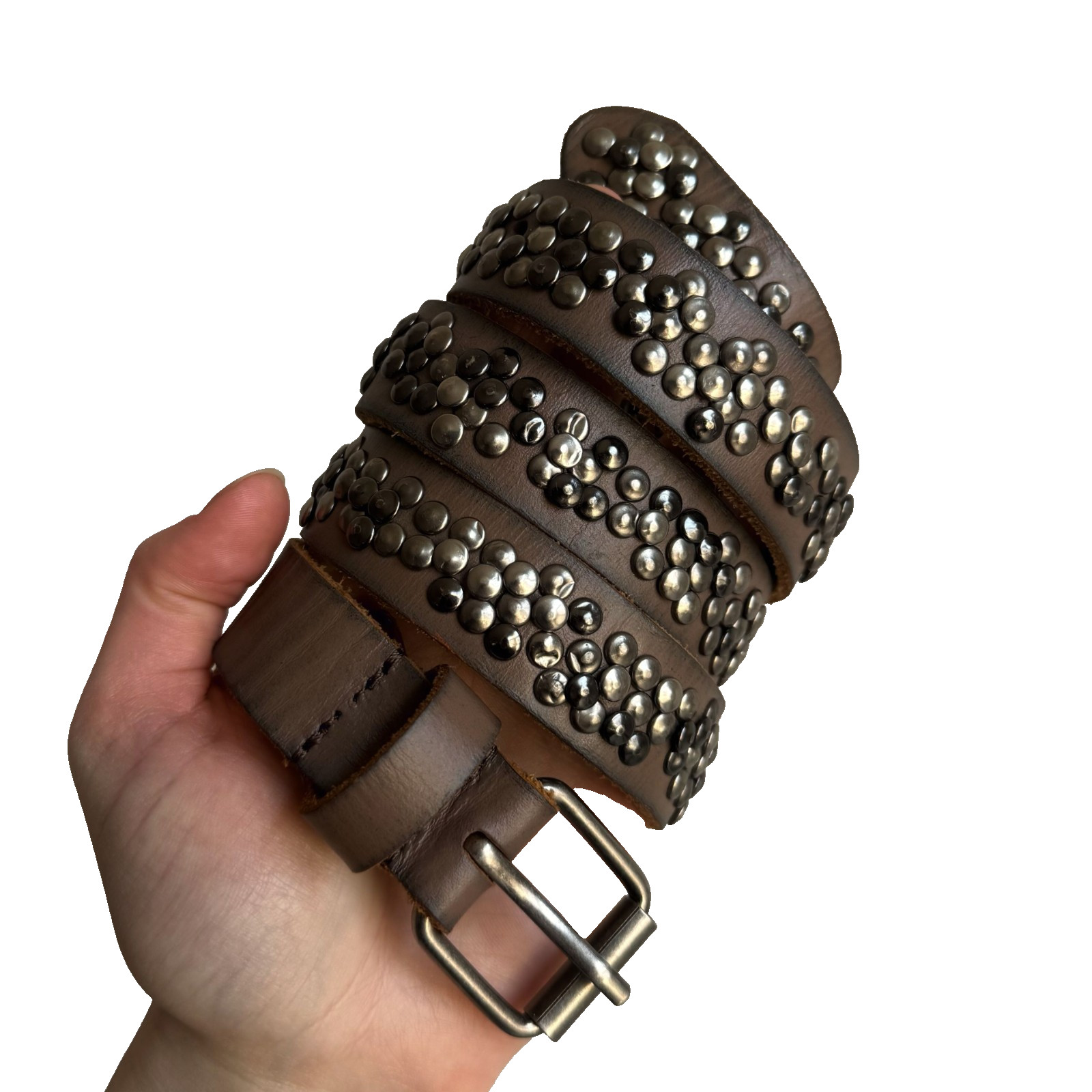 Vintage Brown Leather Studded Belt Floral Metal Rivet Punk Western Rare Statemen
