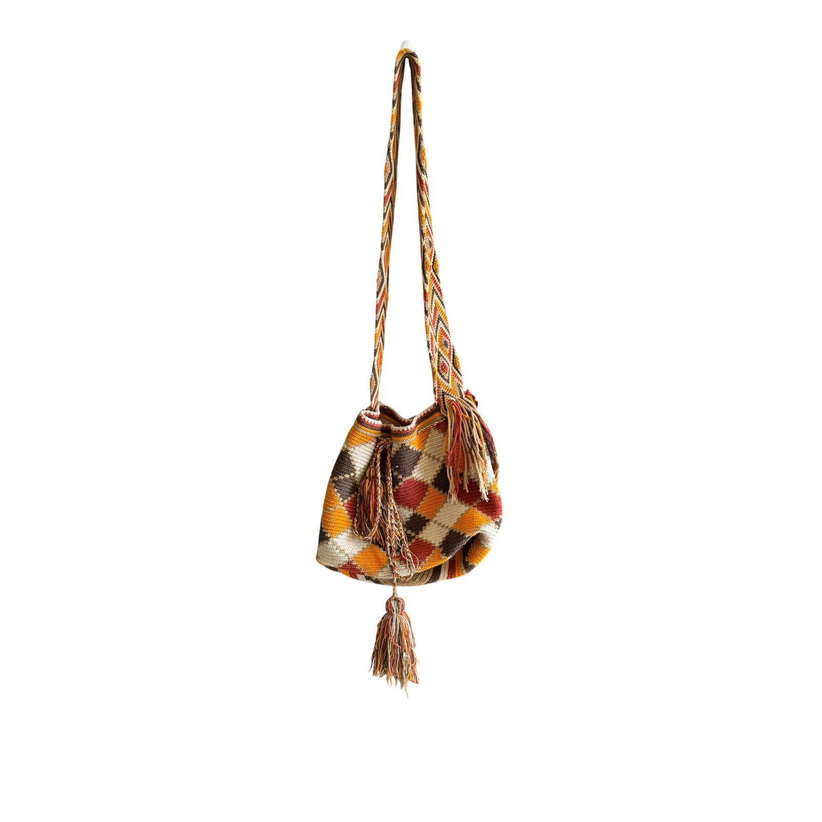 Vintage Wayuu Mochila Hand Woven Geometric Crossbody Tassel Bag Earth Tones