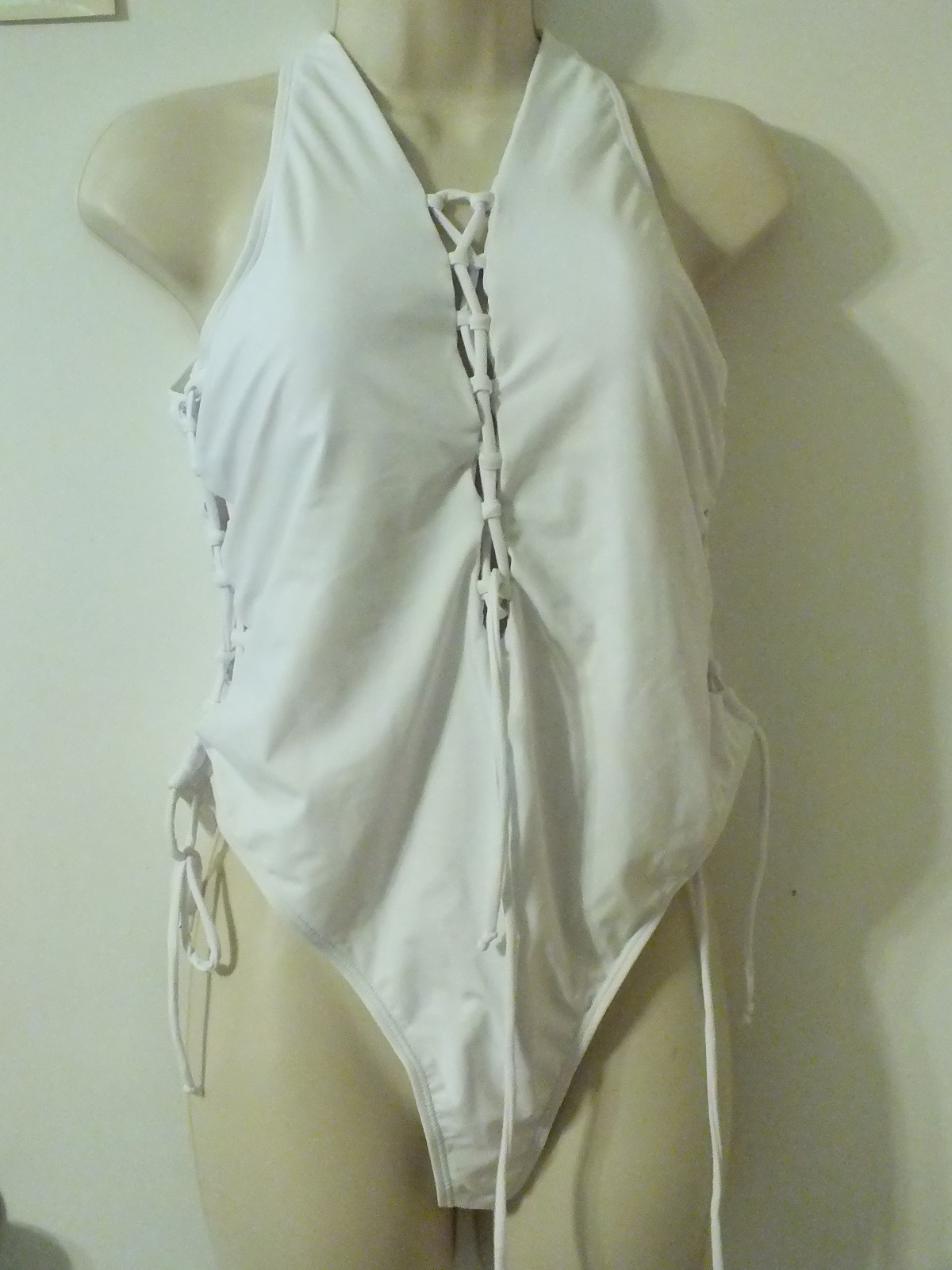 One-Piece Backless Swimsuit Halter Size XL Deep V-Neck Plunge w/ Adjustable Fit