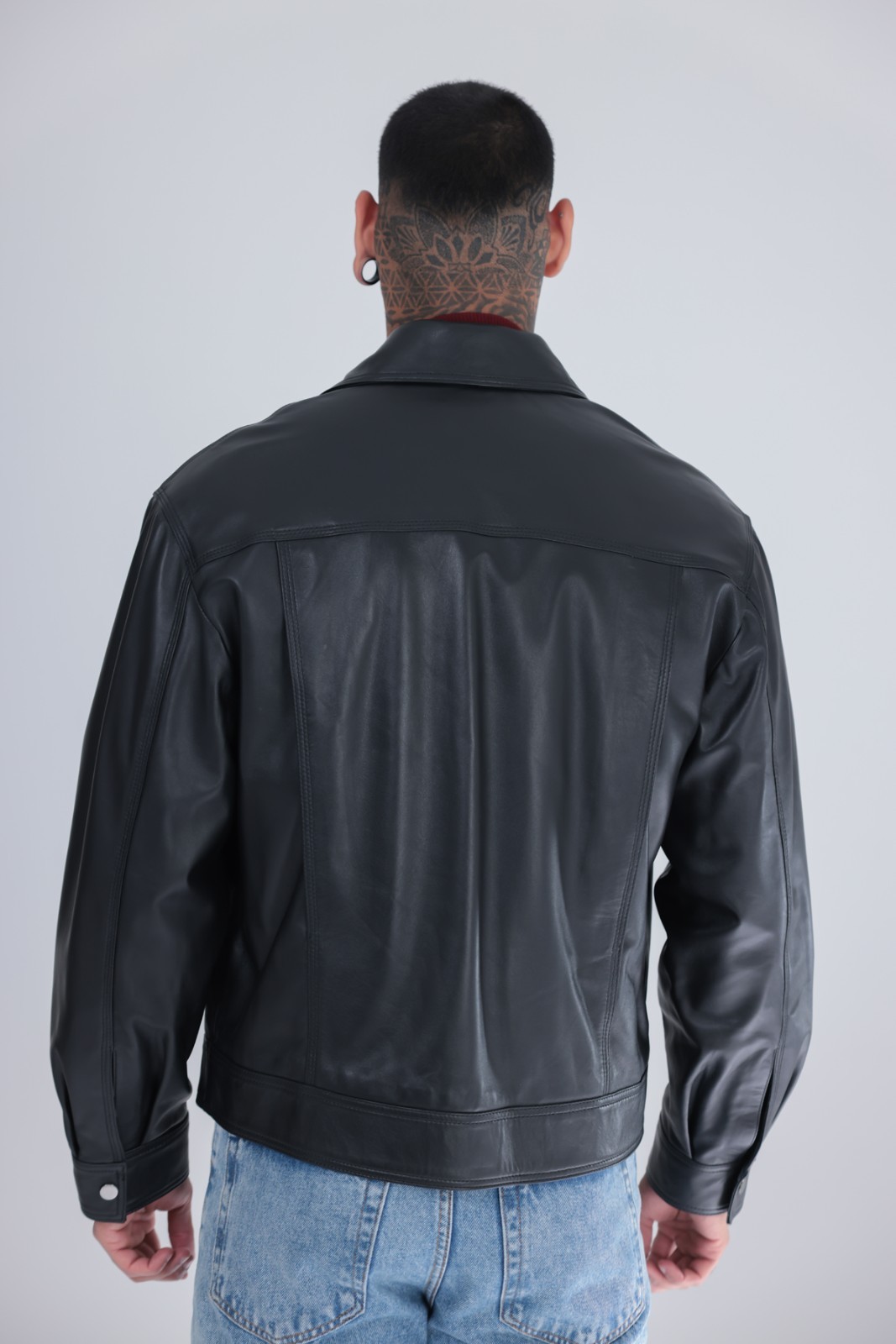 Men’s Genuine Leather Cafe Racer Jacket Black Zip Point Collar 25″ – 65cm