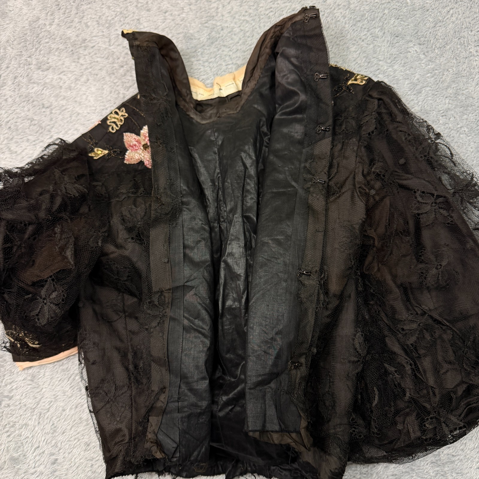 Antique Edwardian Jacket Black Pink Floral Beaded Silk Victorian Early 1900s