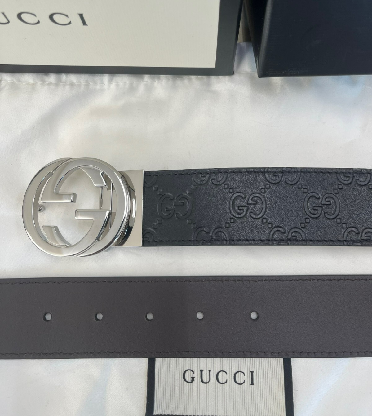 Gucci GG Buckle Black/Brown Signature Leather Belt Size 85 cm, Fit’s 28/30 waist