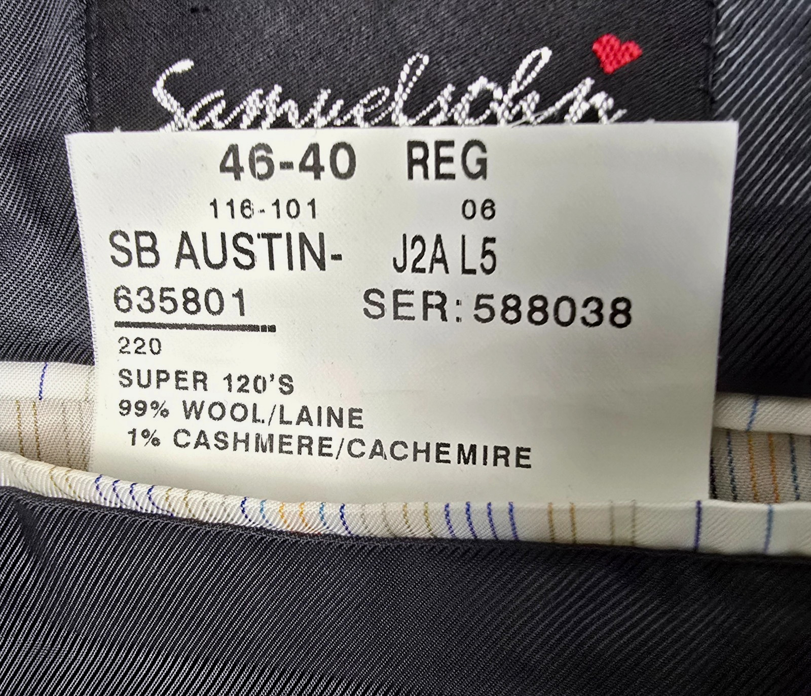 Samuelsohn SB Austin Cashmere & Super 120’s Wool Sport Coat Black Pinstriped 46R