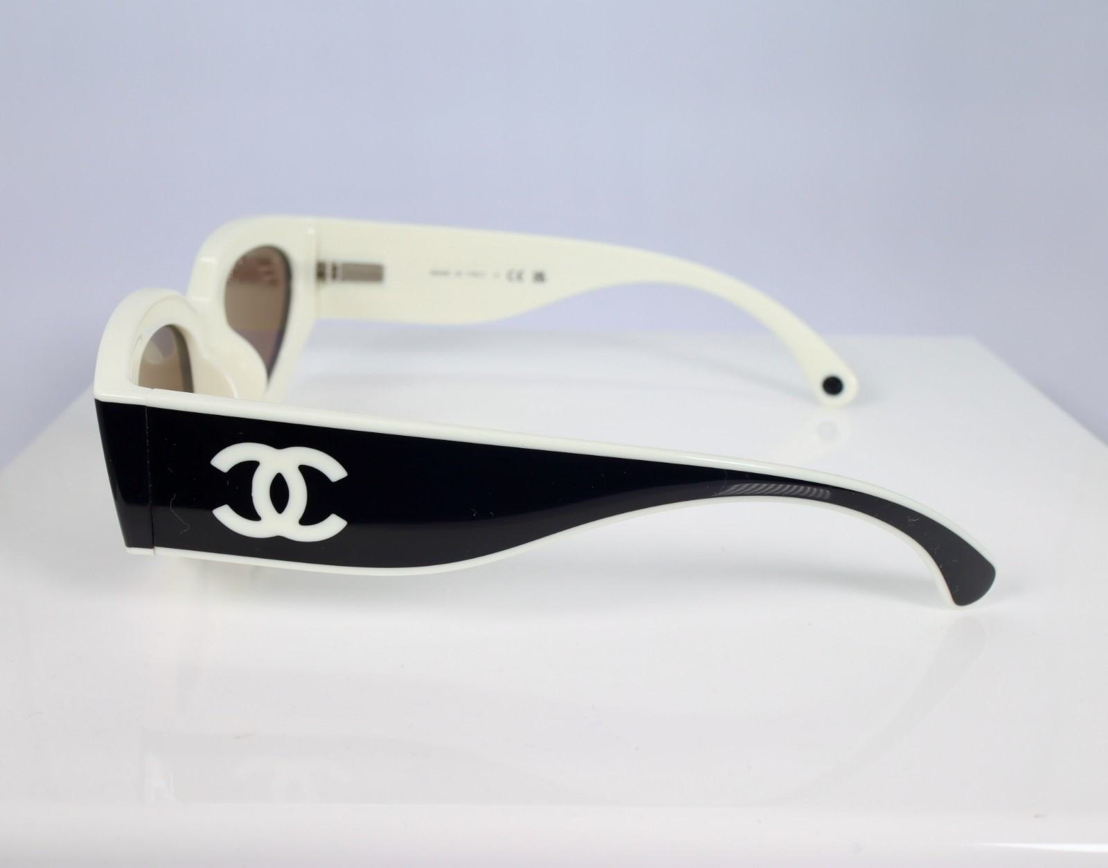 Chanel CH6056 54mm Cat Eye Sunglasses in Black and White with Beige Lenses