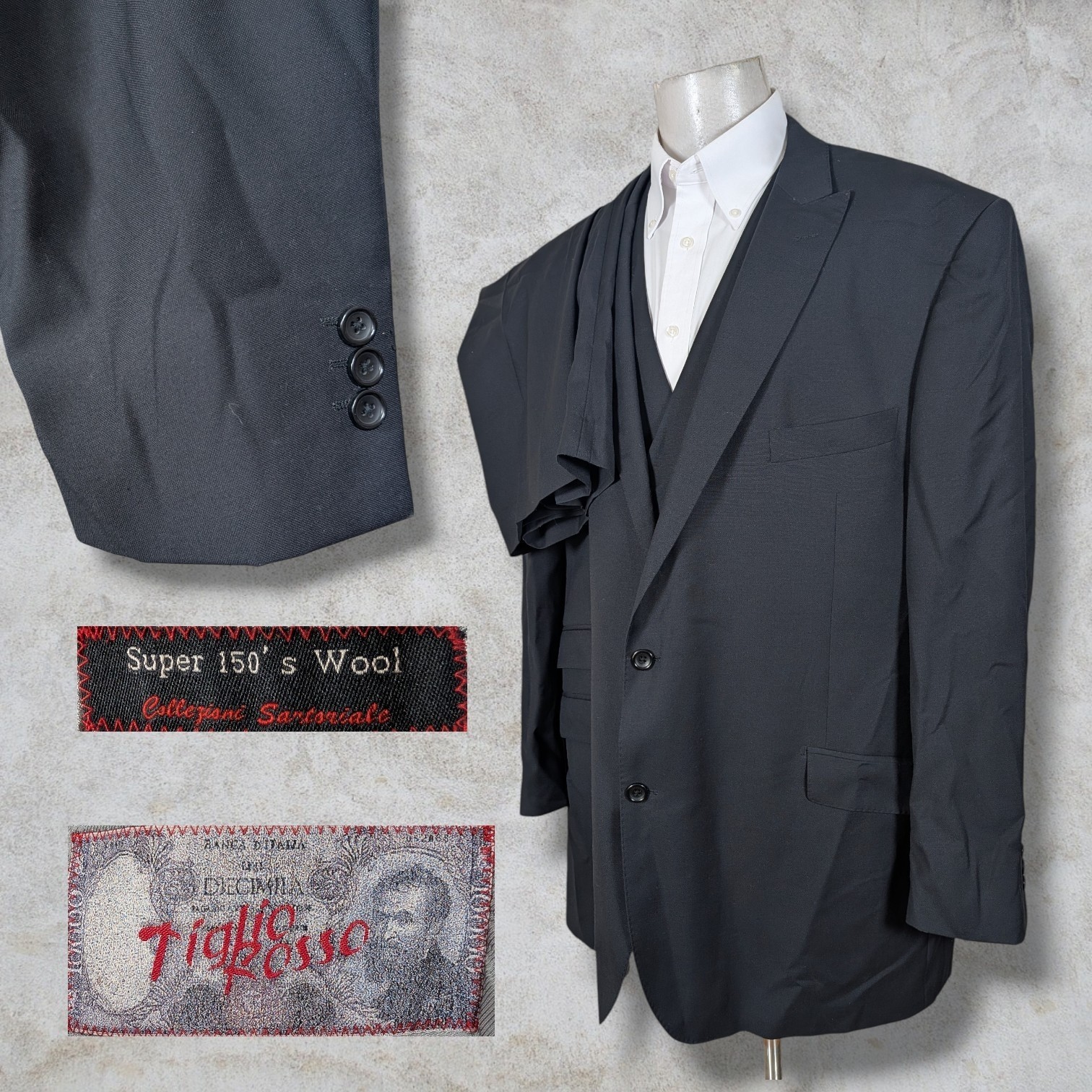 Tiglio Rosso 3 Piece Suit Mens 56L Pants 48×35 Solid Black Super 150s Wool