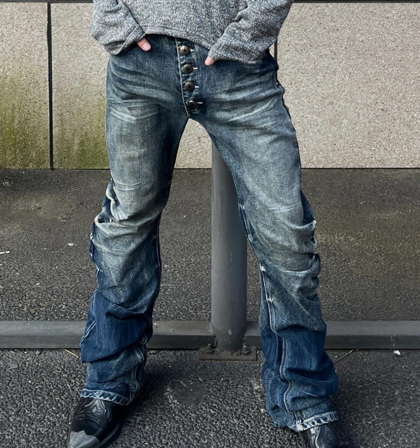 Men’s Straight Leg Blue Denim Jeans Casual Pants Button Up Punk Hip Hop Trousers