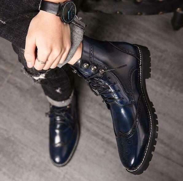 Mens High Top Brogue Shoes Carved Wingtip Lace Up Dress Casual Ankle Boots Hot