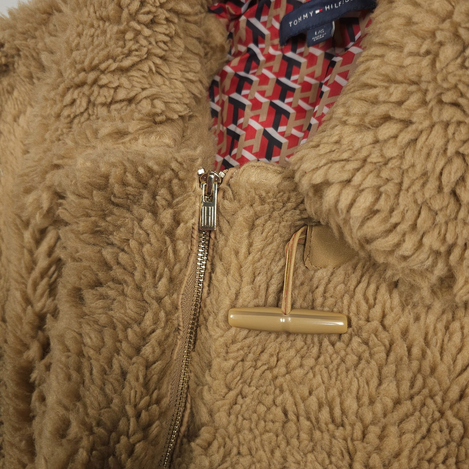 Tommy Hilfiger Faux Fur Jacket Women Large Beige Sherpa Full Zip Toggle Button
