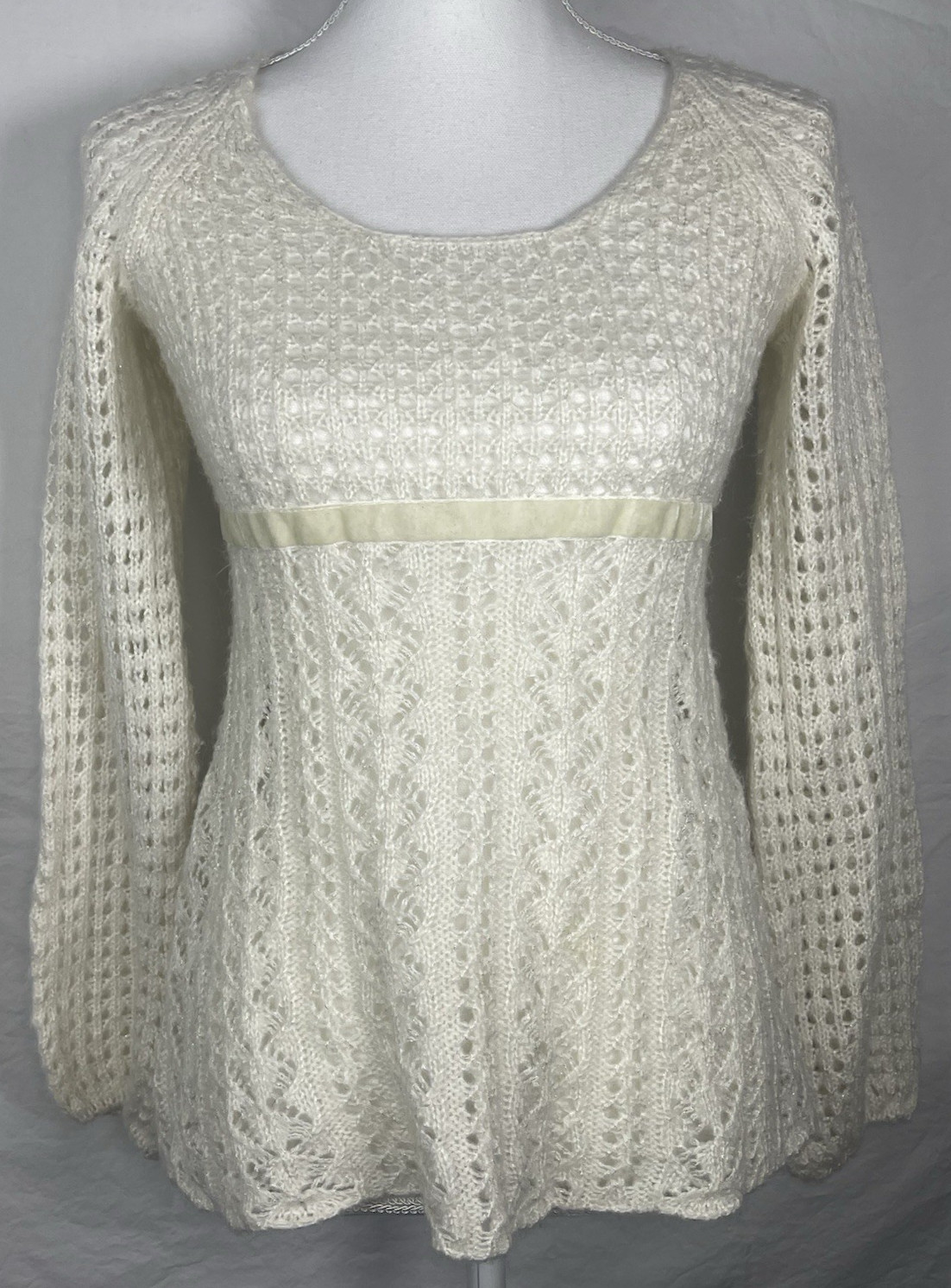 A.N.A. Crochet Sweater-Scoop Neck-S-Ivory W/Silver-Ribbon Tie-FREE SHIPPING