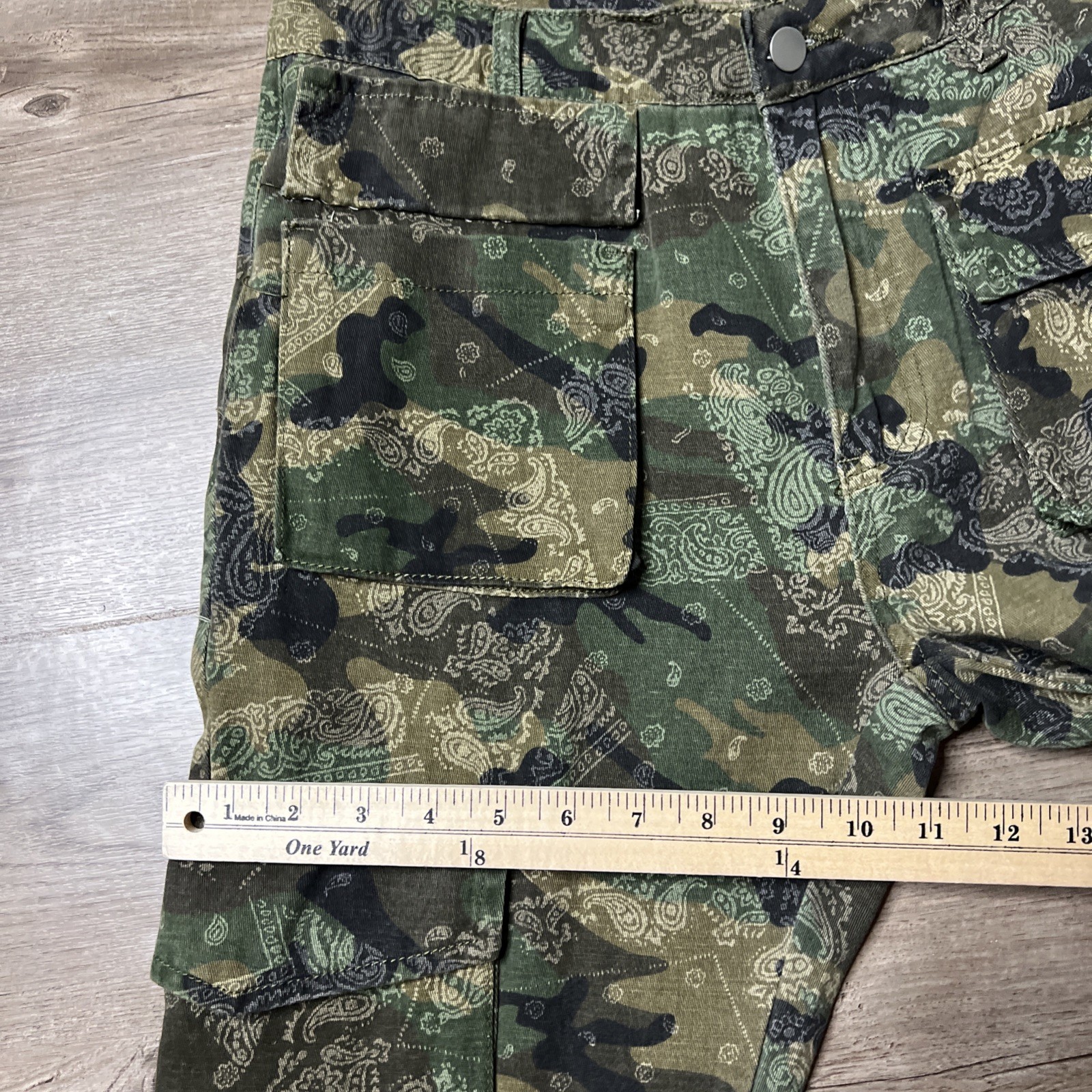 BoohooMan Stacked Pants Mens 32 Camo Bandana Print Cargo Pocket Flare Leg NWT