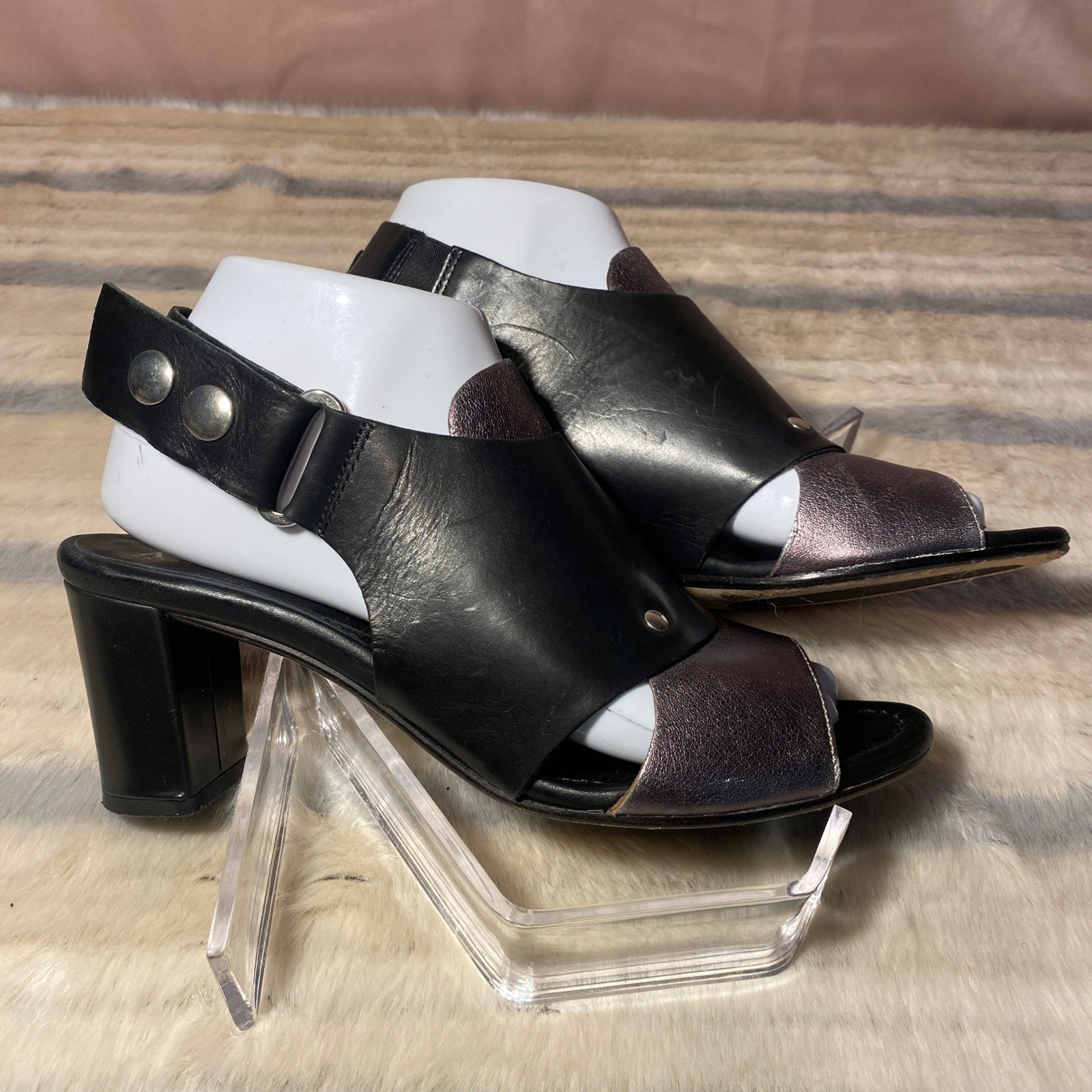 Anyi Lu Athena Pewter Metallic Black Calf Leather Heel Handmade In Italy Sz 38EU