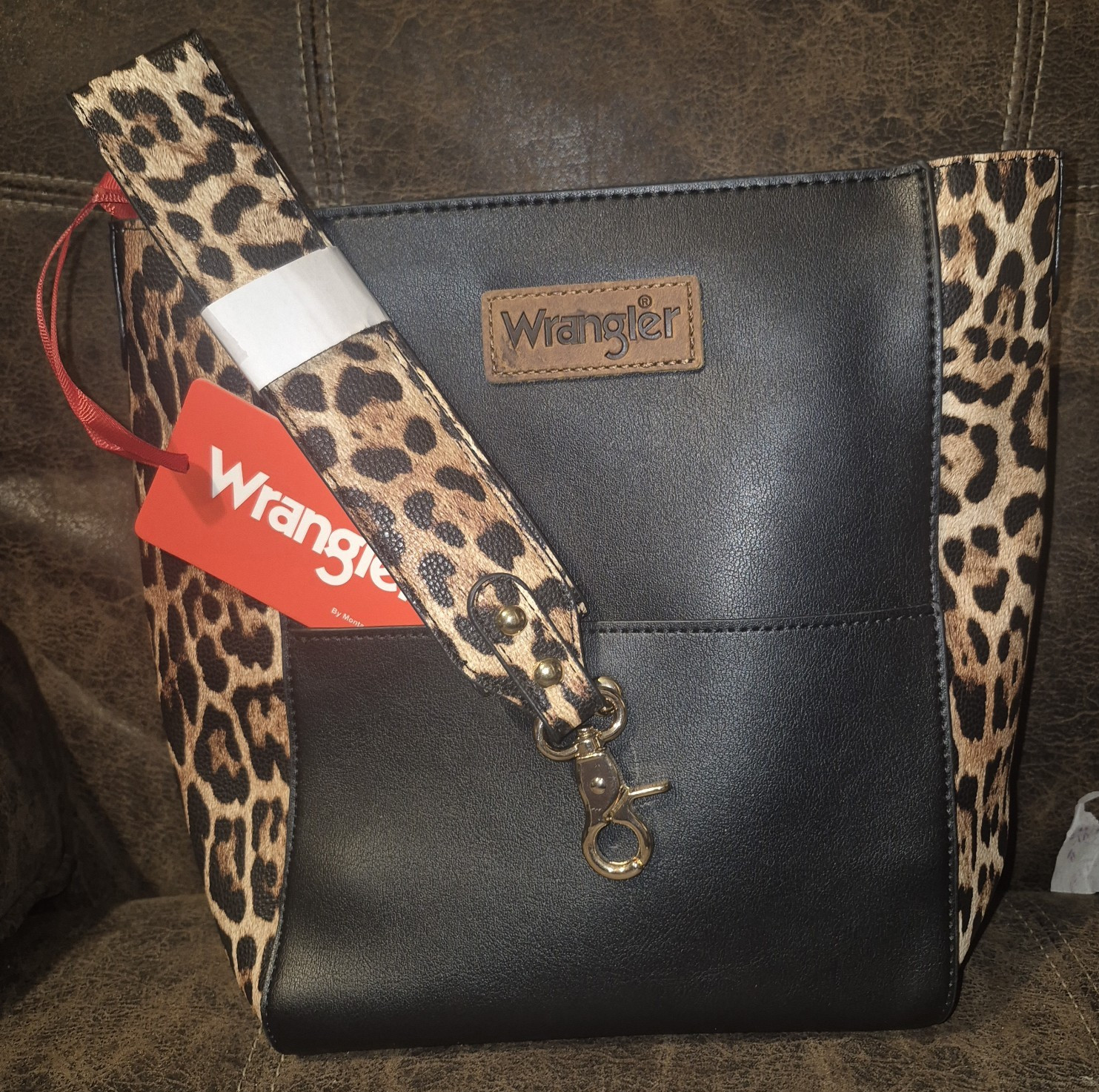 Wrangler Black Leopard Print Tote Zip Detachable Shoulder Strap Gold Hardware