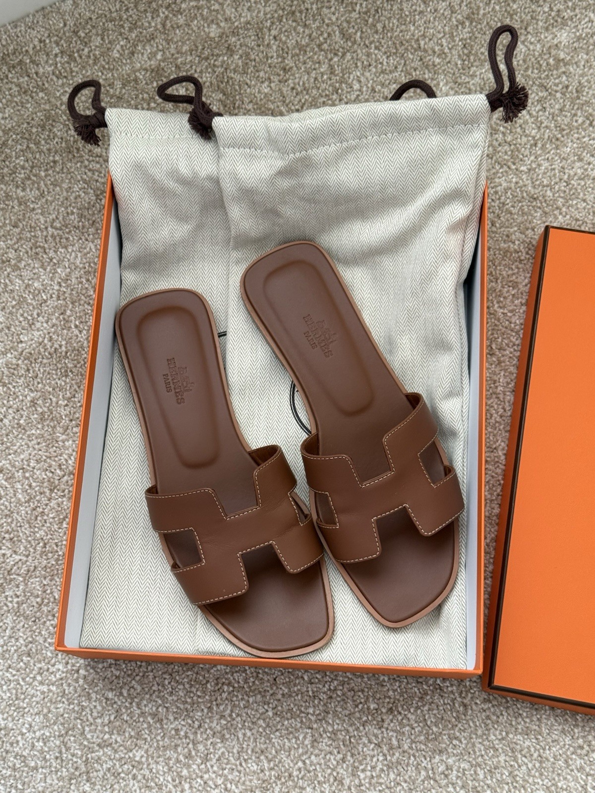 Hermes Oran sandal size 37 US 6.5 color Gold Brown Original box dust bag receipt