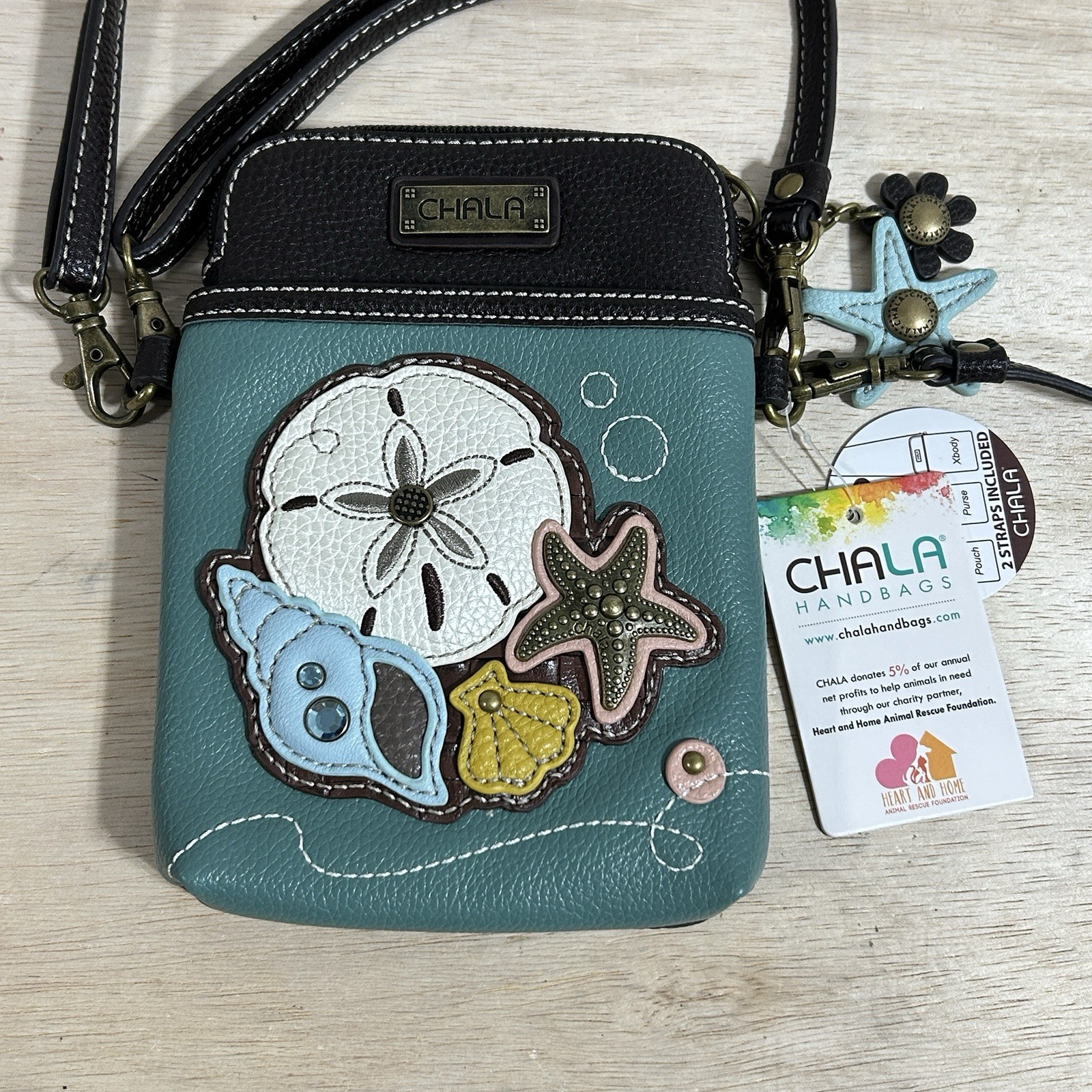 New Chala Cell Phone Crossbody Bag Purse Pouch Ocean Sand Dollar / Teal Vegan